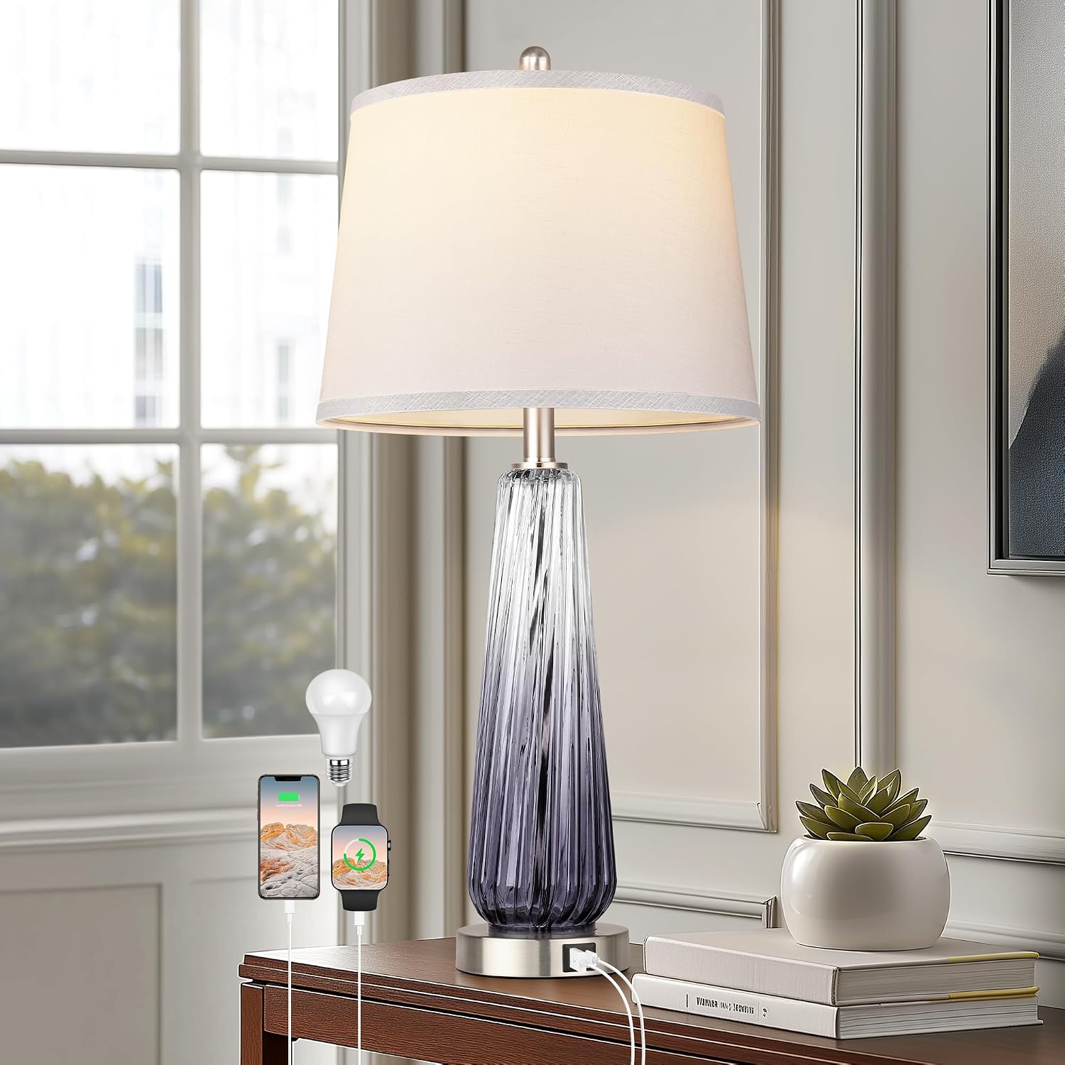 Modern Glass Table Lamps, 27.5″ Bedside Lamps for Living Room, Grey, 1 Pack | 2 LED 3-Way Dimmable Bulb Included, Touch Control, USB A+C Charging Ports, Bedroom Nightstand Lamp, Gradient Glass, 2700K