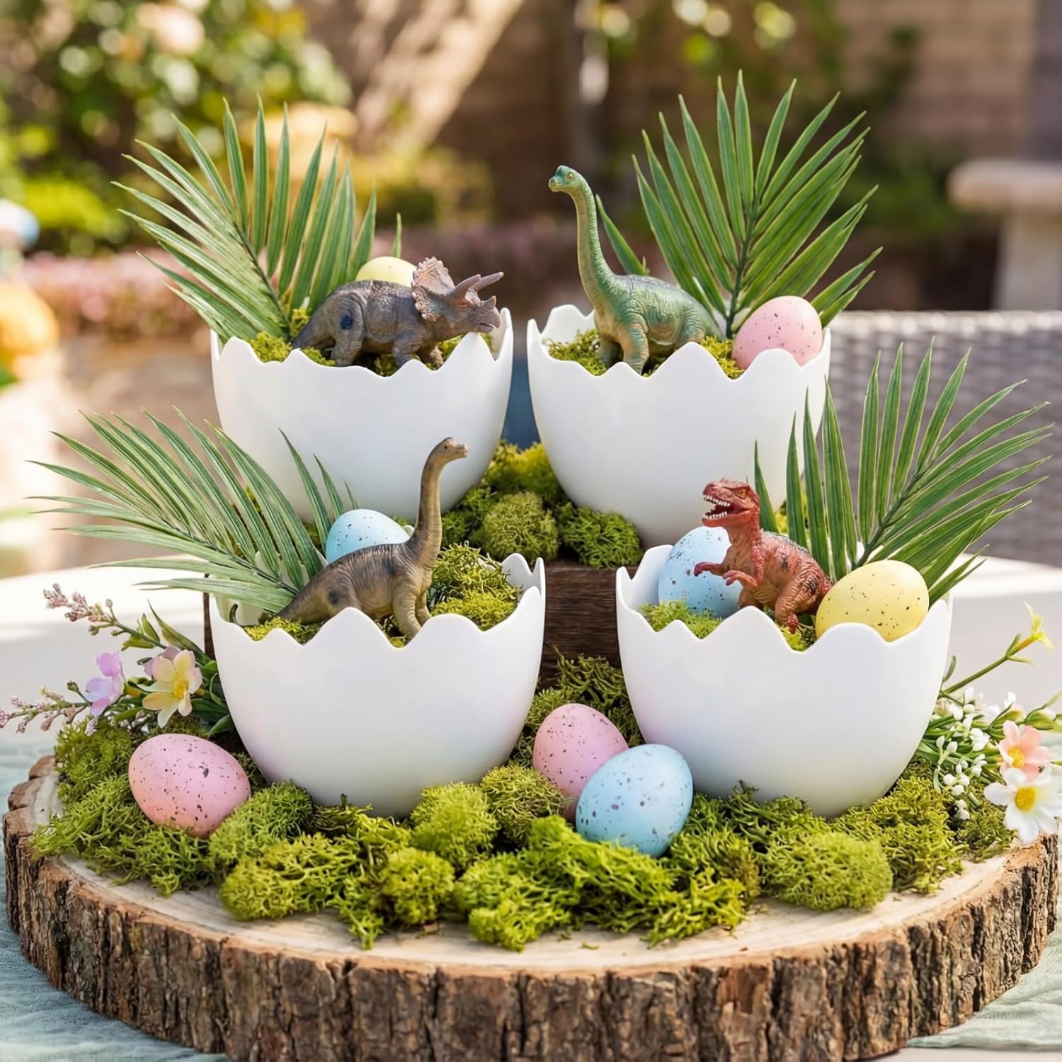 AceOrbit 4 Pcs Dinosaur Themed Party Decorations Easter Table Centerpiece Plastic Egg Shape Vases Treat Boxes Snack Trays for Adult Dinosaur Birthday Themed Party Supplies