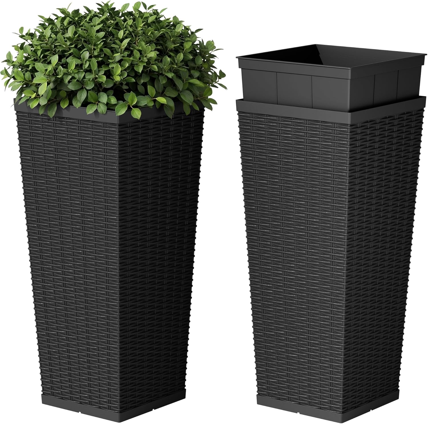 Devoko Resin Tall Planters for Outdoor Plants Set of 2, Large Taper Outdoor Planter Pots with 4 Drainage Holes, Flower Pots Modern Decor for Porch, Patio, Backyard, Home Garden (Black, 24”)