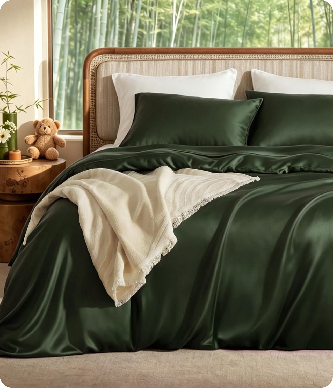 Bedsure PureWoven 100% Organic Bamboo Cooling Duvet Cover Set, King, Green | Silky, Soft, Luxury, for Hot Sleepers, 300TC, Button Closure, 3 Pieces with 2 Pillow Shams(No Insert), 104″ X 90″