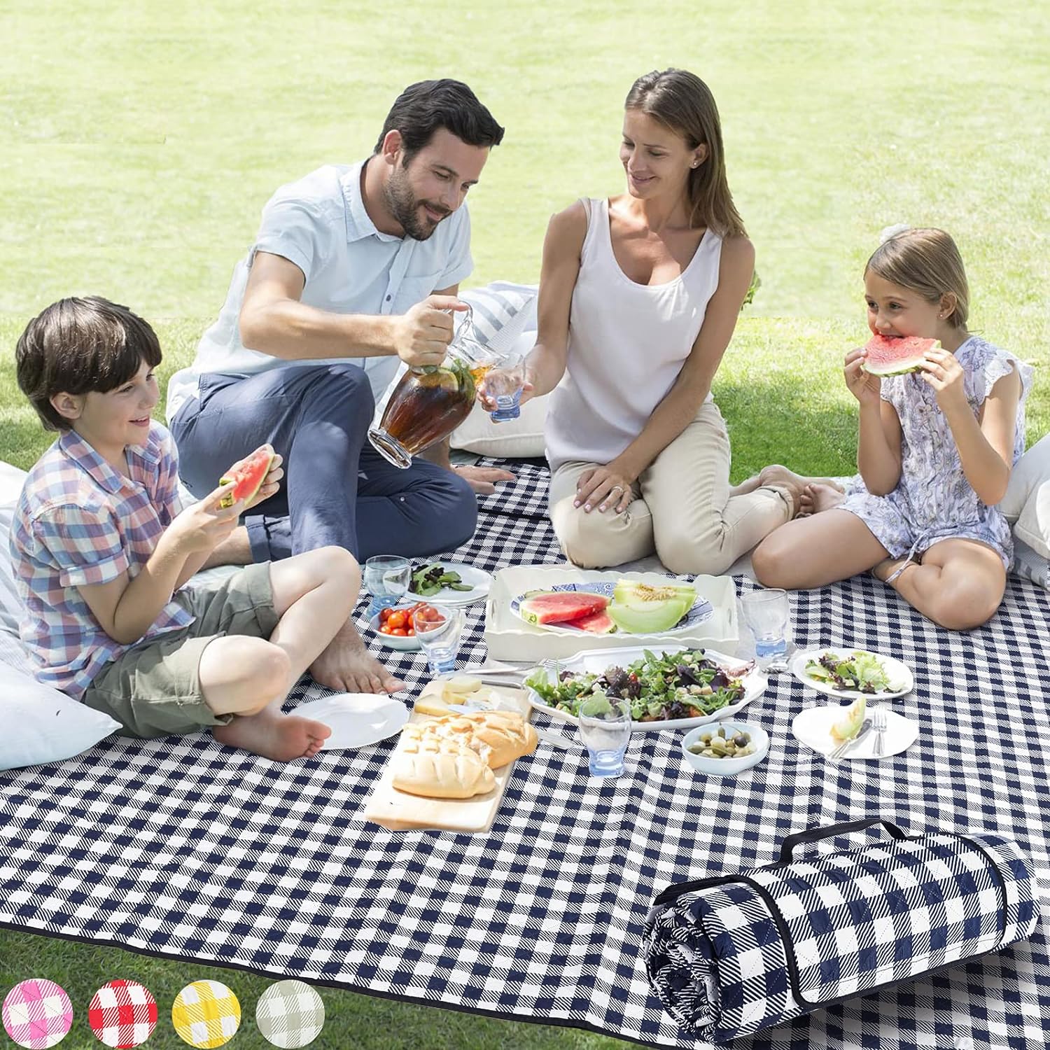 ZAZE Picnic Blankets Machine Washable, 80”x80” Extra Large Waterproof Sandproof Foldable Compact Beach Blanket, Oversized XL Outdoor Mat for Spring Summer Camping, Park, Travel Grass(Blue and White)