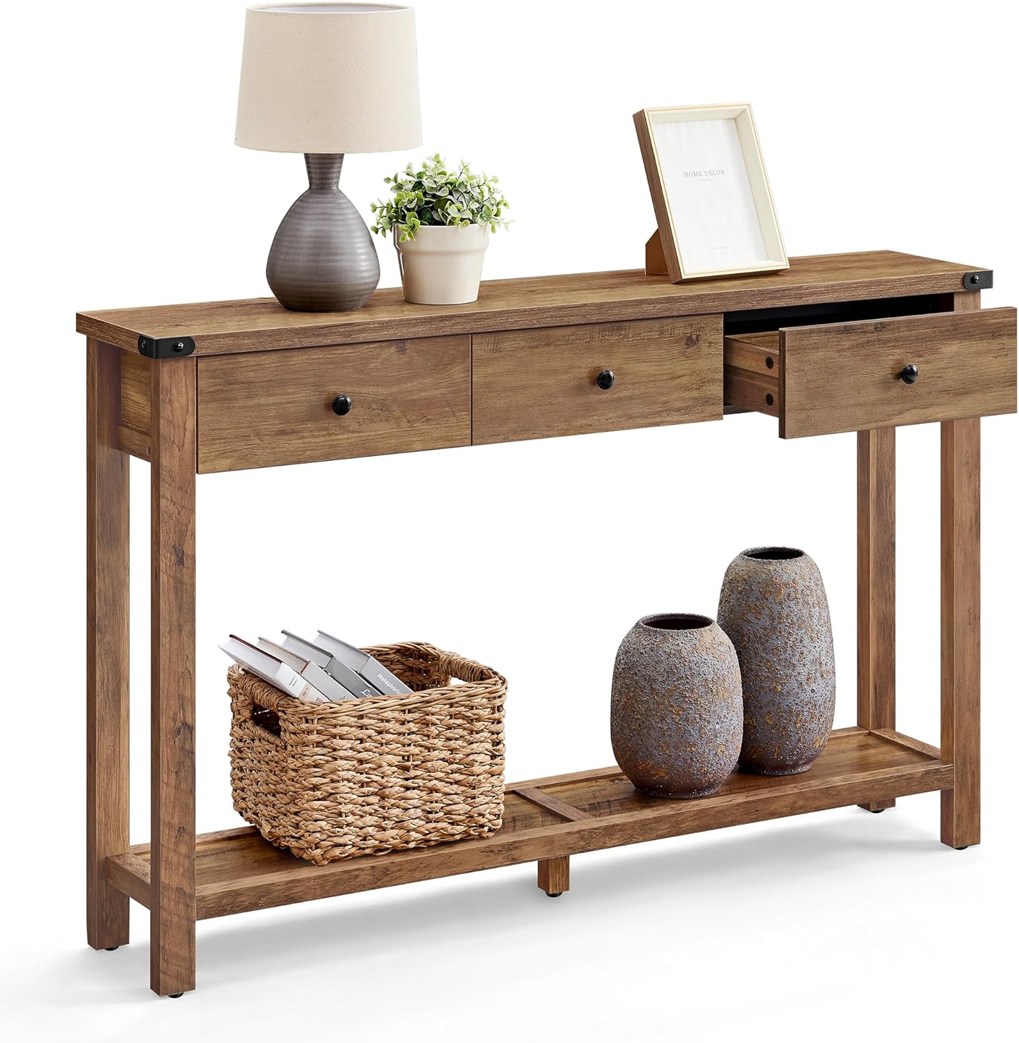 VASAGLE LIRY Collection Narrow Console Table with 3 Drawers, Brown | Sofa Table with Storage Shelf, Metal Corners, Farmhouse Style, ULNT142KB02S