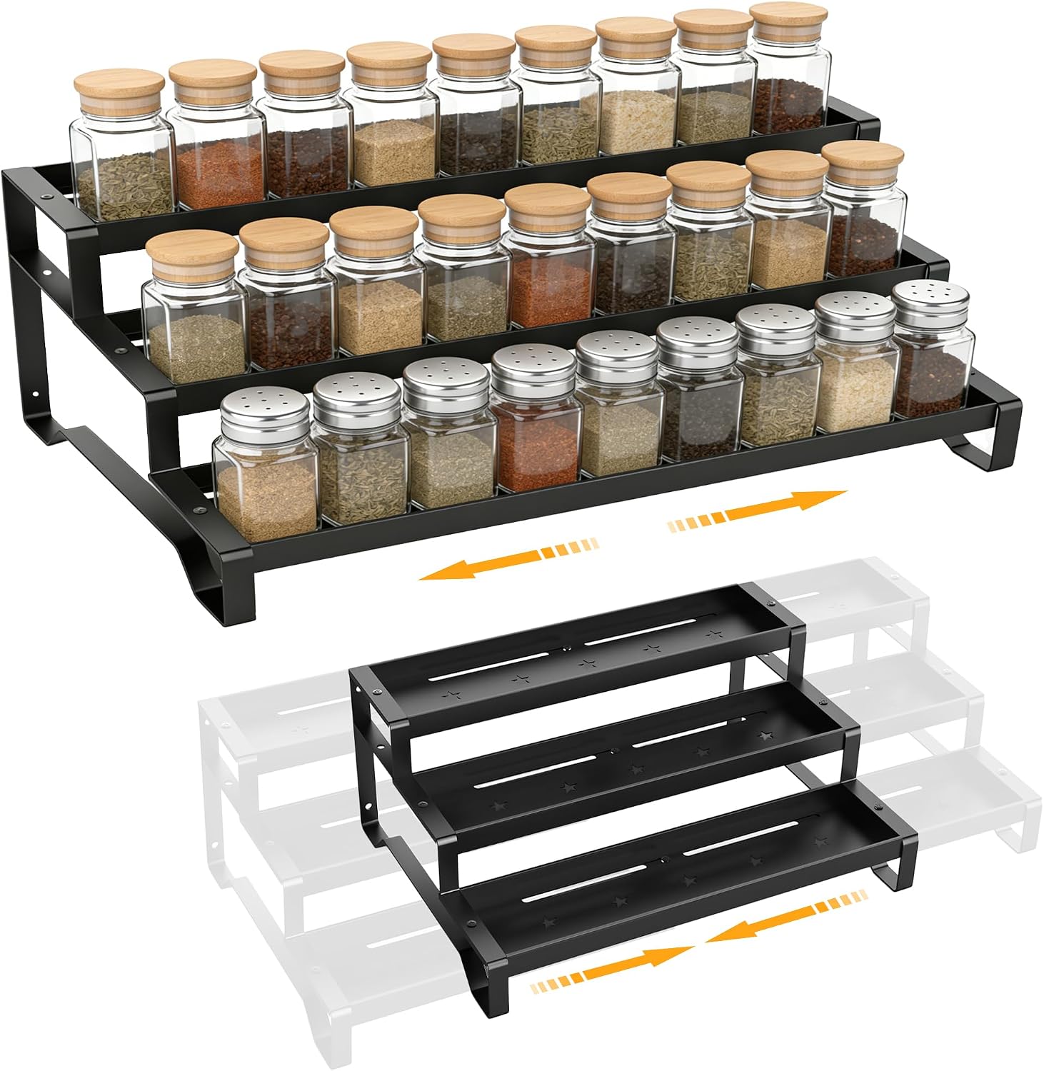 Spice Rack Organizer for Cabinet, 13-21.5″ Expandable Spicy Shelf | 3-Tier Metal Seasoning Organizer, Kitchen Spice Organization, Slip-Resistant Guardrails for Jars, Bottles and Cans, Black