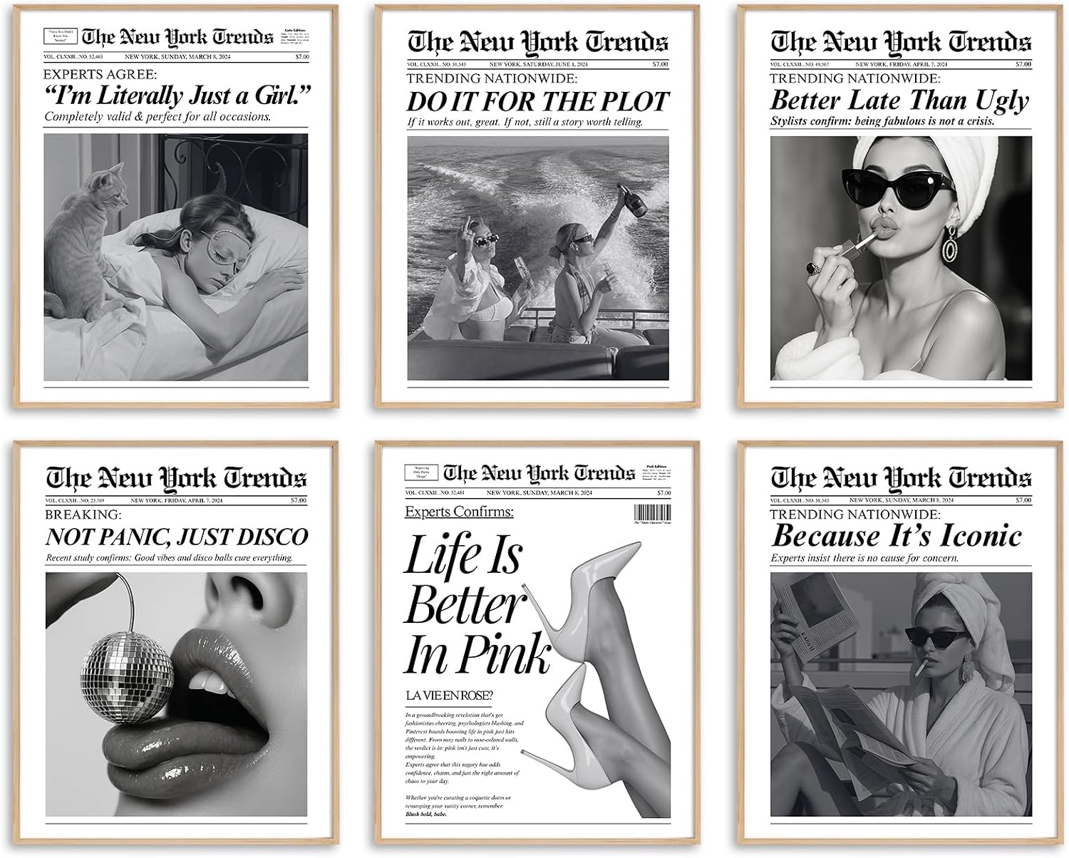 uniro Trendy Newspaper Wall Art Prints, Vintage Black & White Newspaper Wall Decor Aesthetic Pictures, Retro Girly Dorm Room Decor, Funky Bathroom Wall Decor Disco Poster for Teen Girl Bedroom Apartment, Bar Cart decor – Unframed