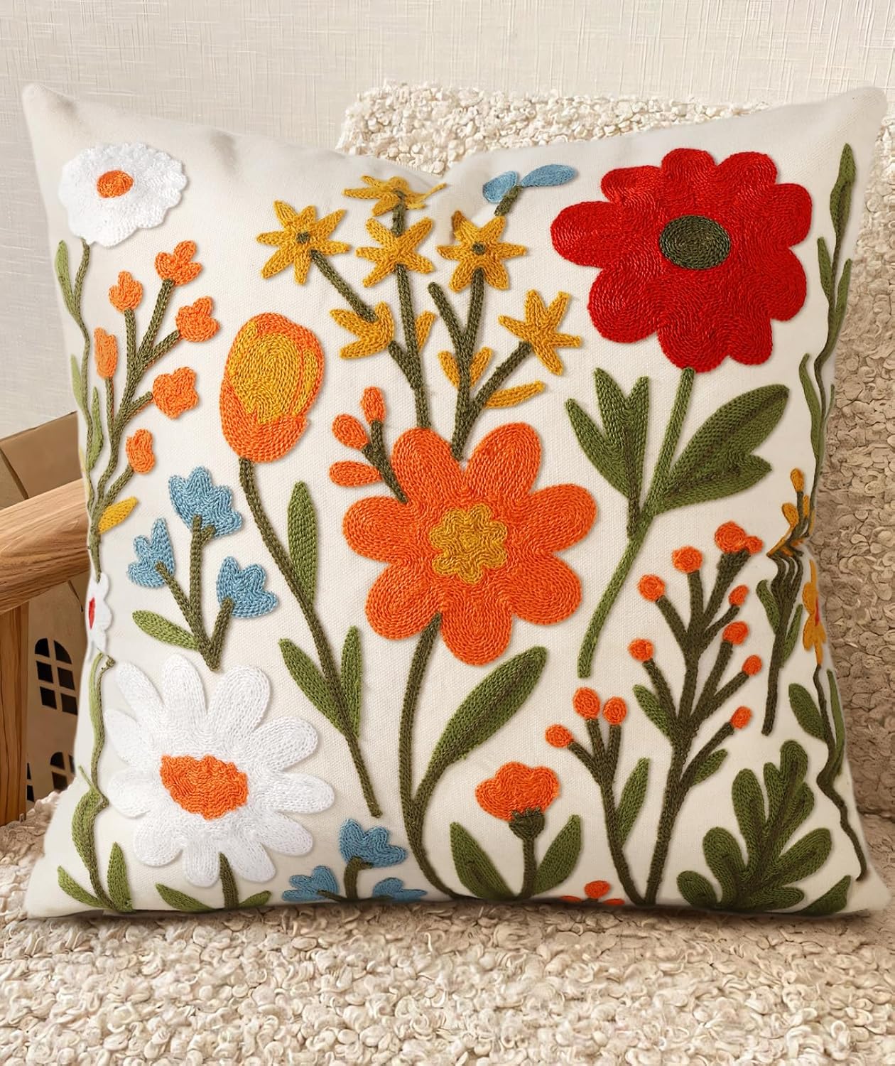 Embroidered Throw Pillow Cover 18×18 Inch – Spring Summer Boho Decorative Pillow Cover with Zipper for Living Room Couch Sofa Bed Aesthetic Design Flower Cluster Cushion Pillowcase