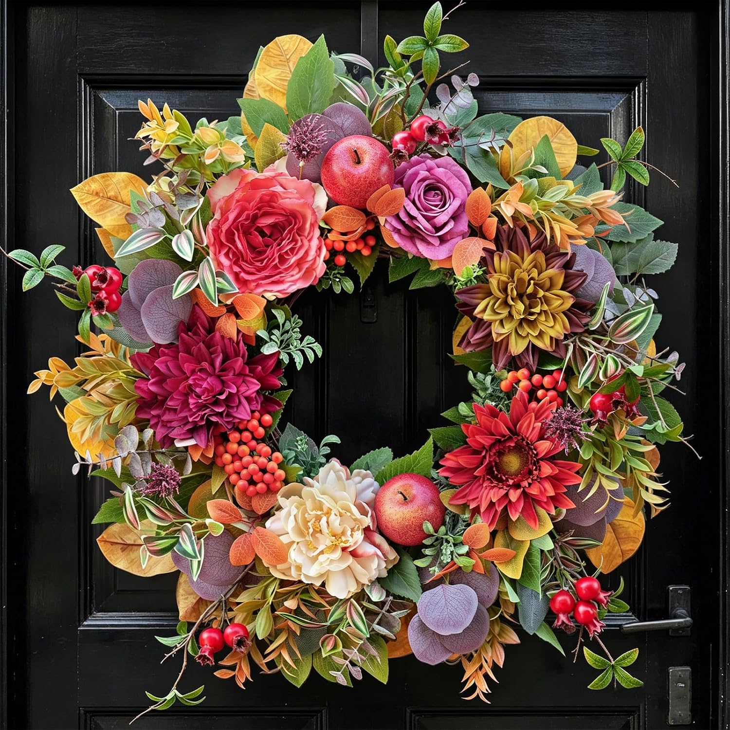 Fall Wreaths for Front Door 24 Inch Autumn Wreath Rustic Thanksgiving Decor | Fall Door Wreath with Dahlia, Apples, Berries & Leaves Fall Wreath for Outdoor Wreaths for Front Door, Autumn Decor