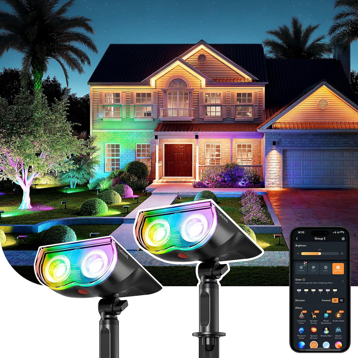 Linkind Smart Solar Spot Lights Outdoor SL5C, IP67 Solar Lights Outdoor | Cool/Warm White/Color Changing Spotlight, APP/Voice Control,Landscape Lighting for Yard, Garden, Pathway(2 Pack)