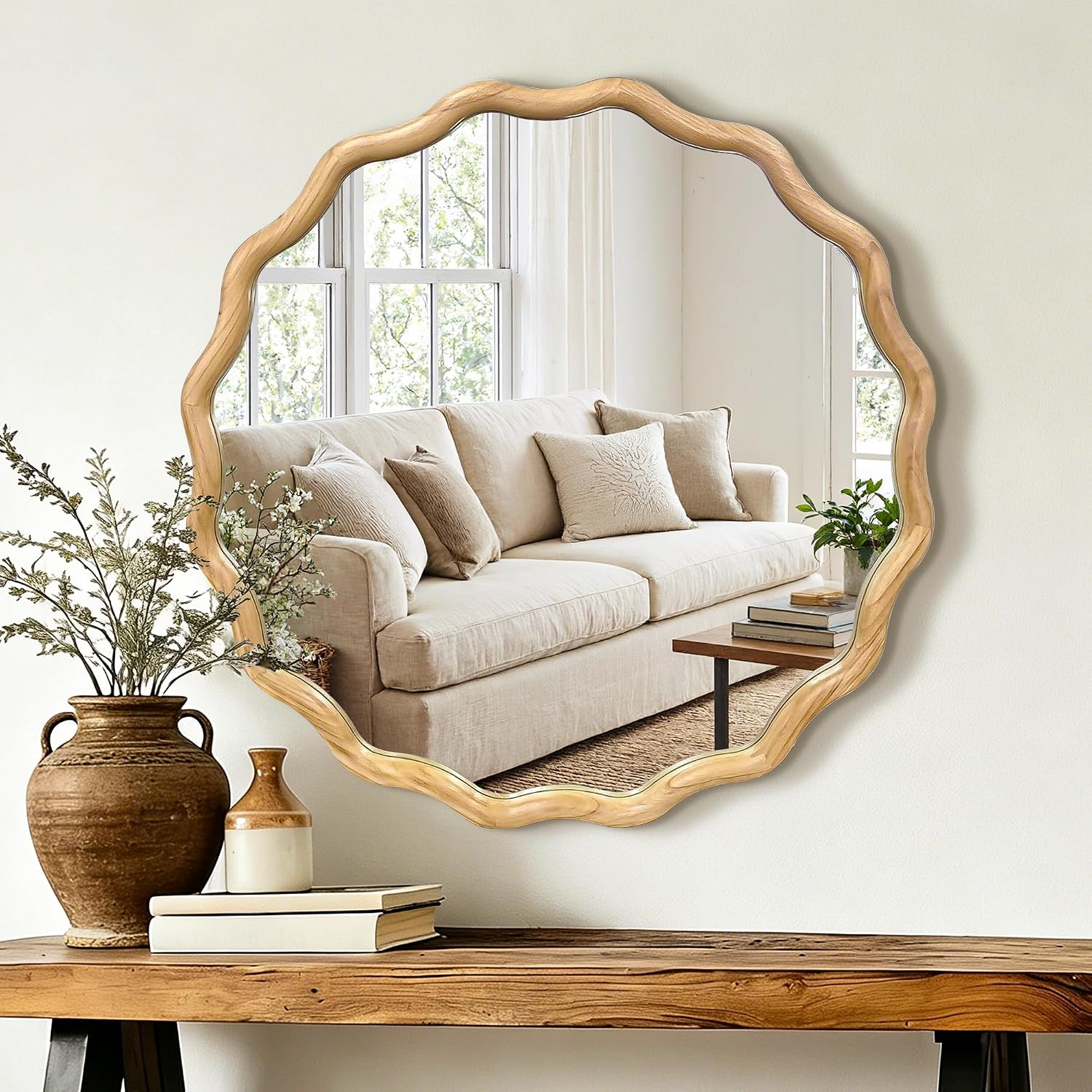 AMOISE Round Wavy Wall Mirror, 28″ Circle Boho Scalloped Mirror | Wooden Frame, Shatterproof Glass, Accent Mirror for Bathroom, Entryway, Nursery, Living Room, & Bedroom