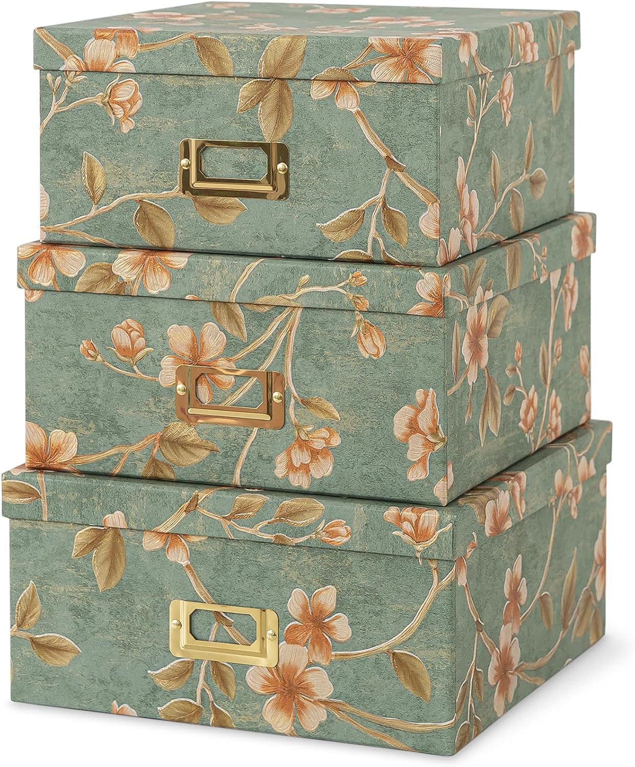Soul & Lane – Decorative Storage Boxes with Lids, Set of 3, Botanical Sage | Square Stacking Cardboard Boxes with Gold Label Holders, Pretty Sage Green Nesting Photo Storage for Crafts and Decor