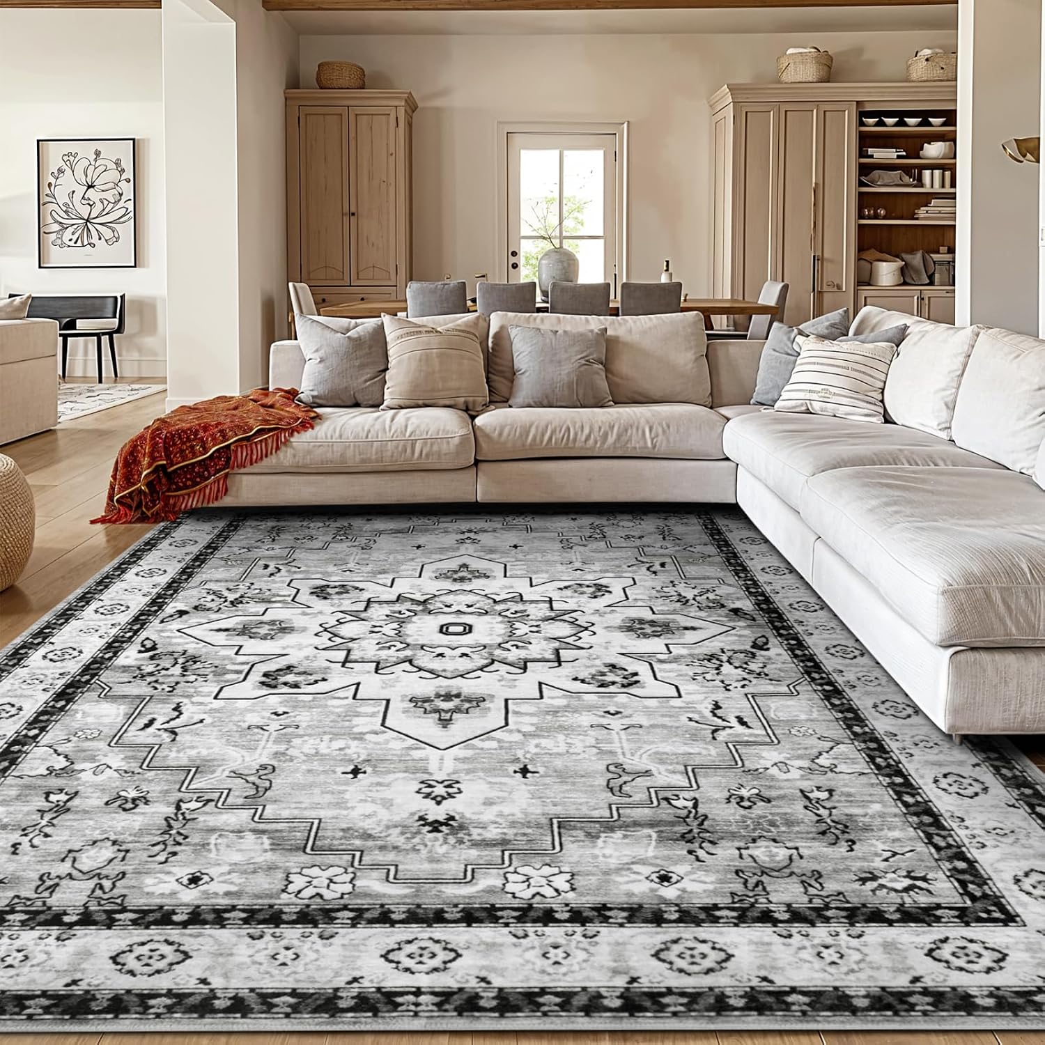 LBRO2M Boho Area Rug 8X10 Washable Rugs for Bedroom Low Piles Indoor Rugs, Non Slip Soft Carpet for Living Room, Dining Room, Gray Rug Foldable Pet Friendly Area Rugs Stain Resistant (8’X10′ Gray)