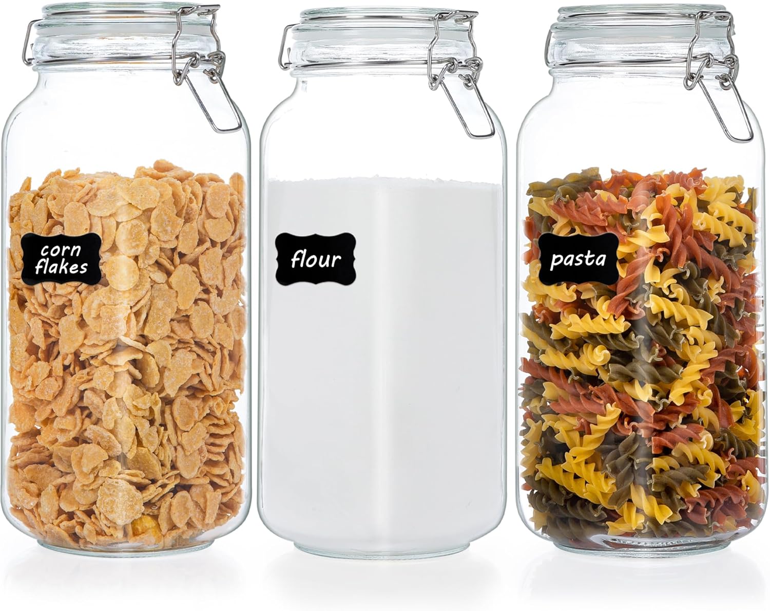 Vtopmart 78oz Glass Food Storage Jars with Airtight Clamp Lids, 3 Pack | Large Kitchen Canisters, For Flour, Sugar, Cereal, Coffee, Pasta and Canning, Square Mason Jars