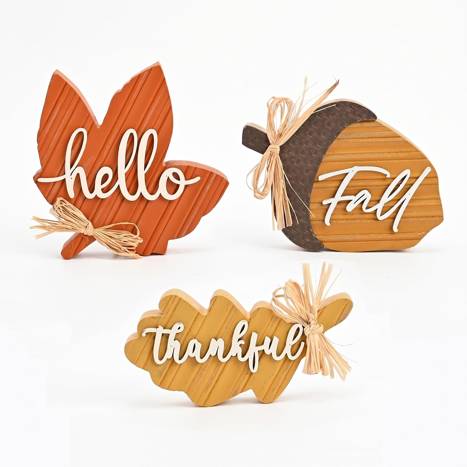 Valery Madelyn Fall Decorations for Home, 3Pcs Wooden Fall Decor with Maple Leaf Oak Leaf and Acorn for Indoor Table Decor, Rustic Farmhouse Thanksgiving Decorations for Autumn Harvest, 4 inch
