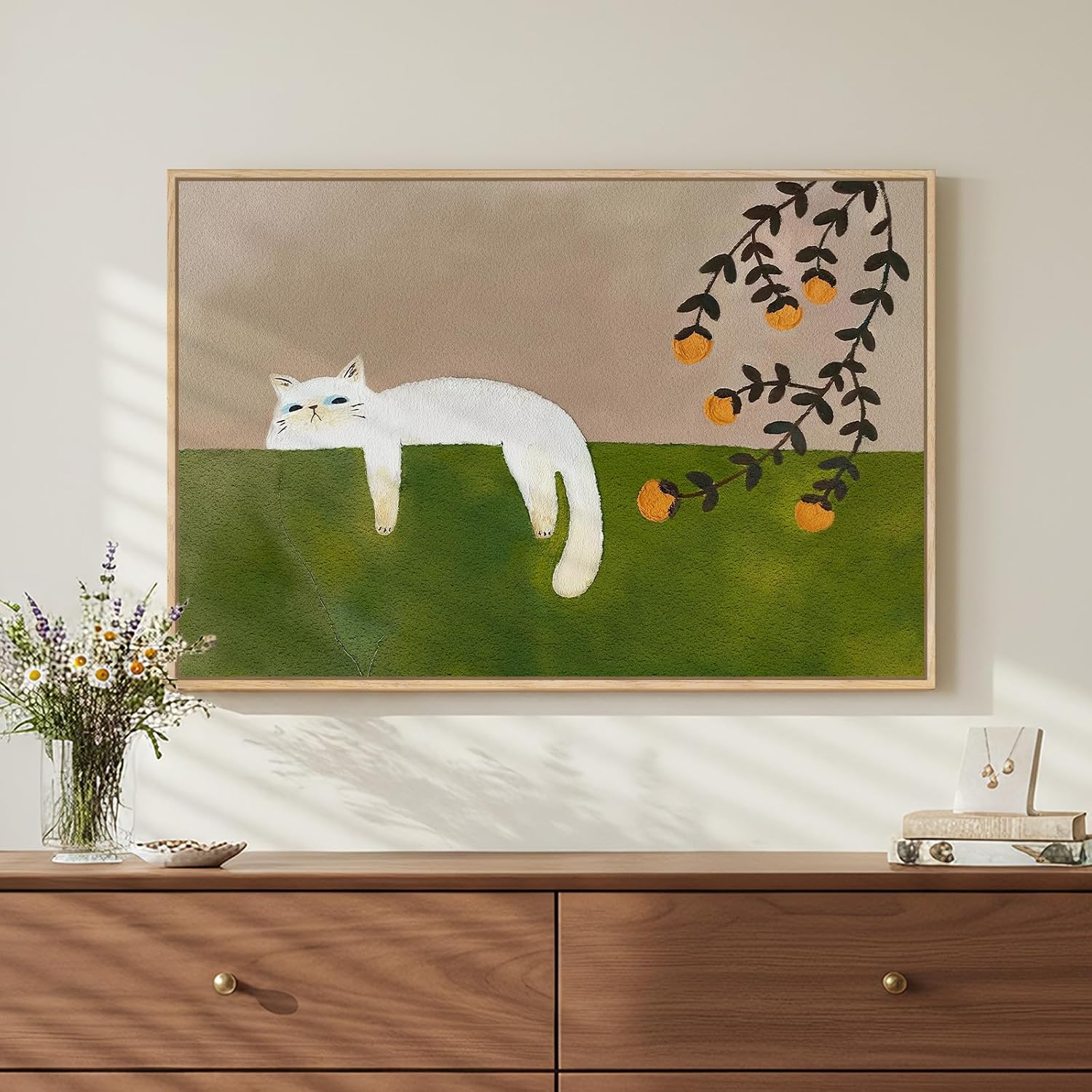 Framed Neutral and Green Wall Art for Bedroom Decor, Large Cozy Cat Canvas Painting Artwork for Room Walls, Green Picture Print for Dining Room Nursery Guest Room Hallway Wall Art Decor, 24×36 Inch