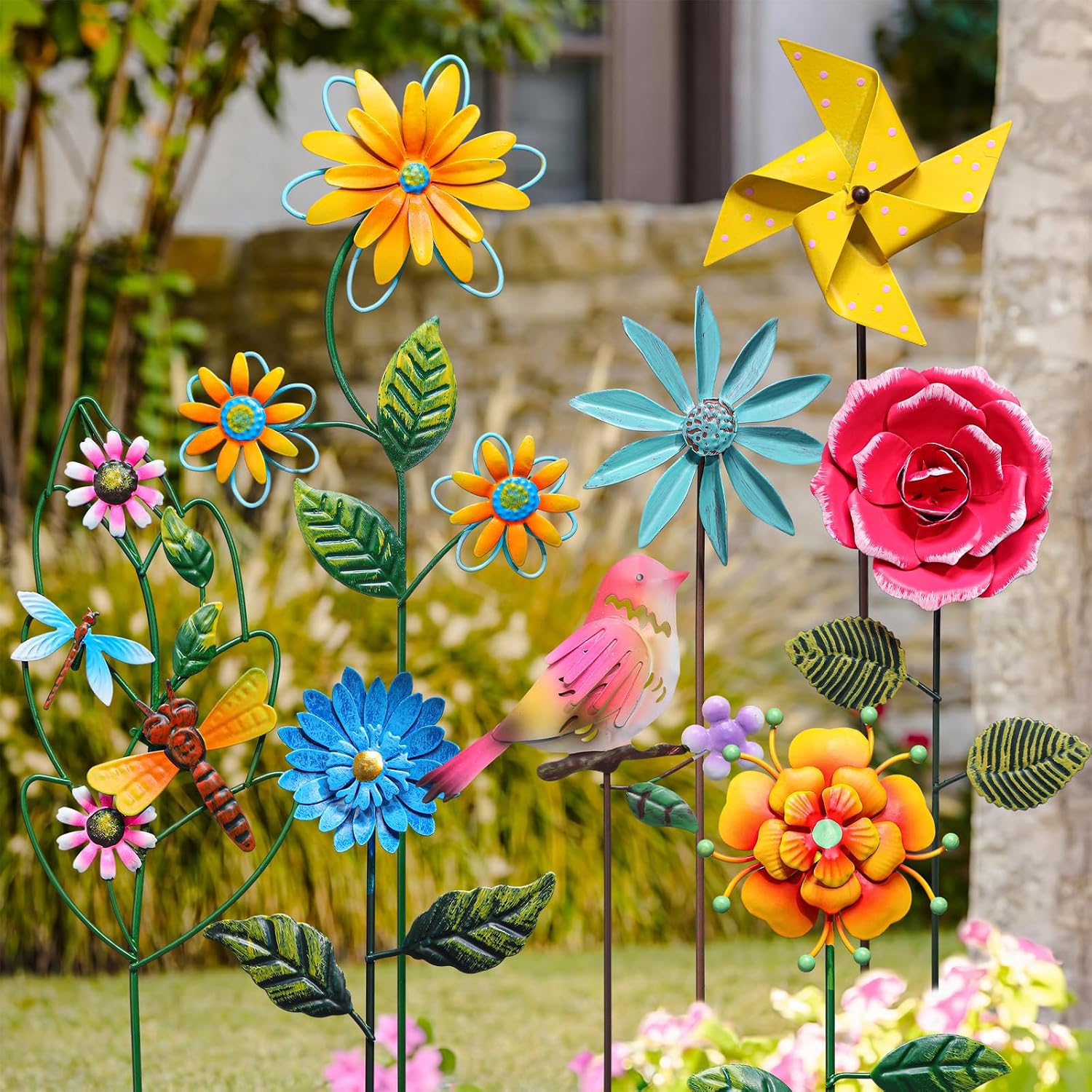 8 Pcs Metal Flower Yard Art for Outside Outdoor 14″ 5d Summer Wildflowers Metal Sign Waterproof Garden Stakes Bird Dragonfly Windmill Landscape Decoration for Lawn Yard Garden Patio Porch