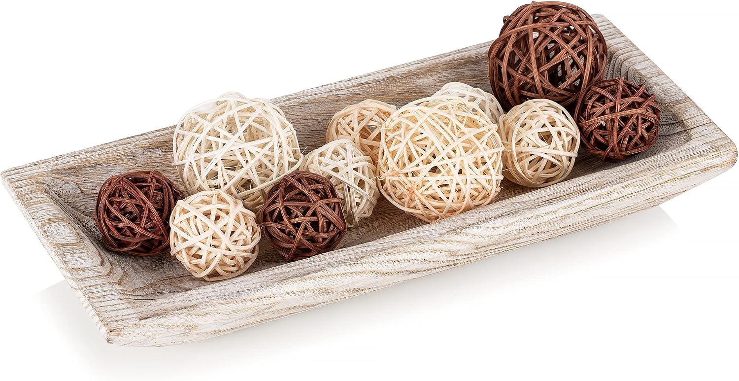 Hanobe Solid Wooden Decorative Bowl for Coffee Table Entryway Decor, White | 14.6″ Farmhouse Mid Century Style, Potpourri Tray for Kitchen Dining Table Centerpiece, Mantle Decor