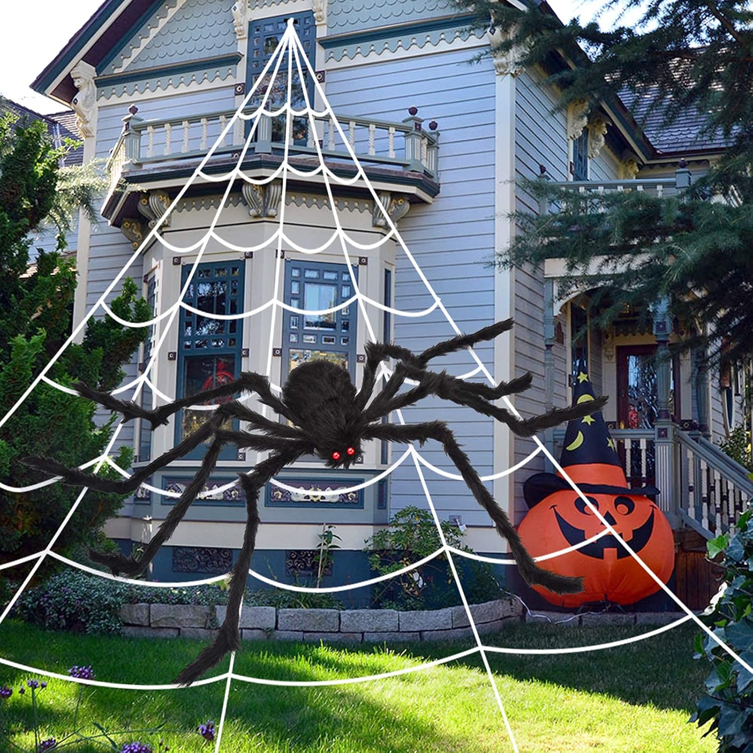 OCATO 200″ Halloween Spider Web + 59″ Giant Spider Decorations, Fake Spiders with Triangular Huge Spider Web, Indoor/Outdoor/Halloween Decorations/Yard/Home/Costumes Parties/Haunted House Decor, Black