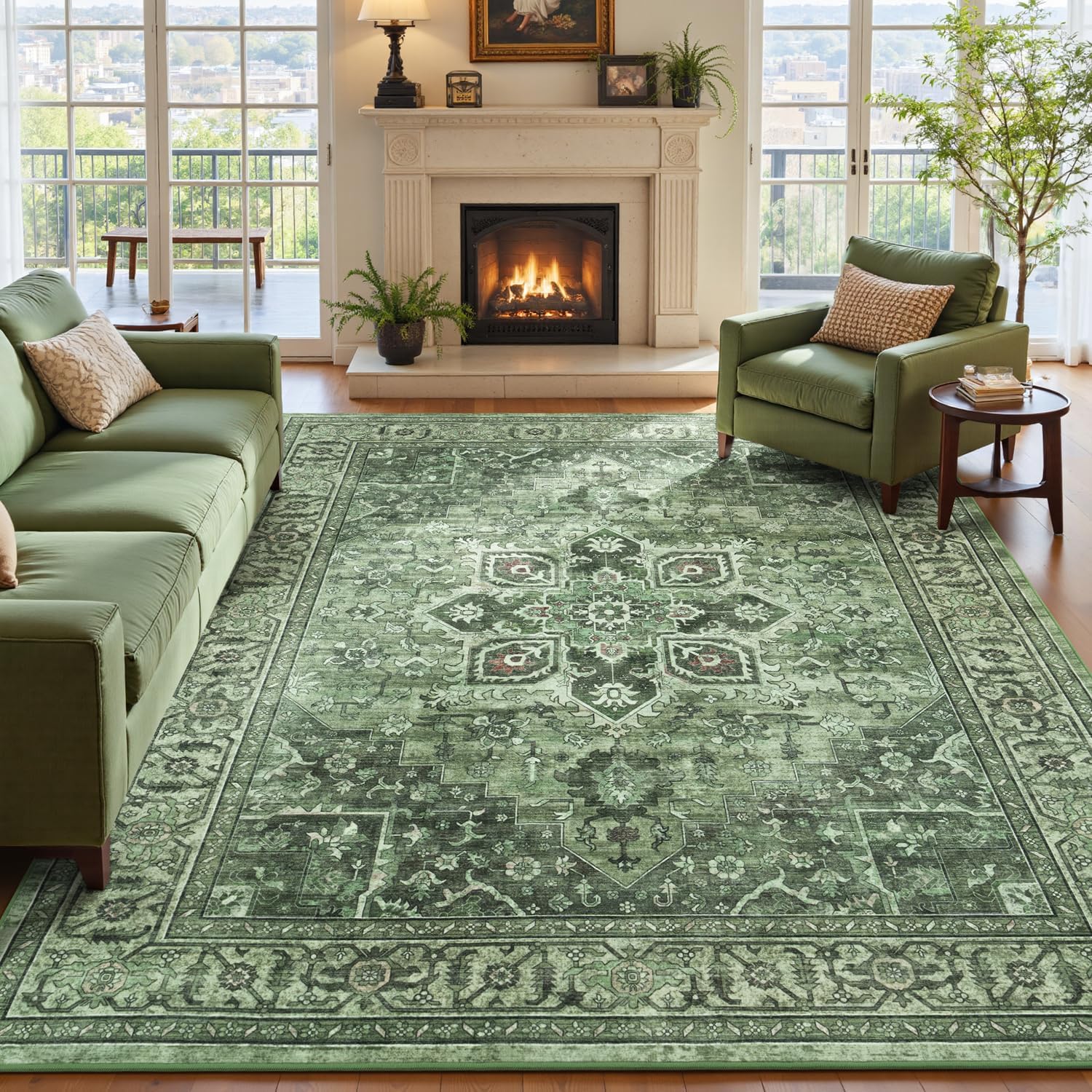 Sage Green 8×10 Area Rug for Living Room, Vintage Boho Large Carpet | Farmhouse Floral Distressed; Machine Washable; Non-Slip; Low Pile Medallion olive Rug for Dining Room Bedroom Home Office