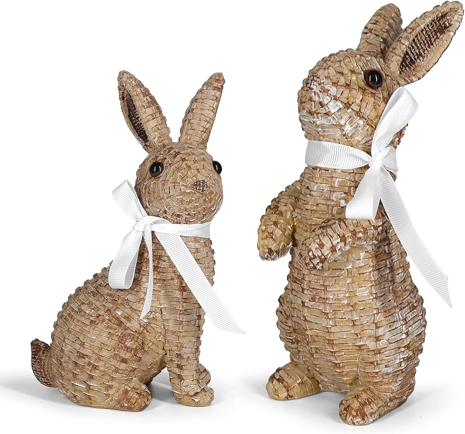 Rattan Effect Resin Bunny Easter Decor,Table Rabbit Easter Decorations,Spring Bunnies Decoration Statue Figurine for Home Farmhouse (Brown, Small-Pair)