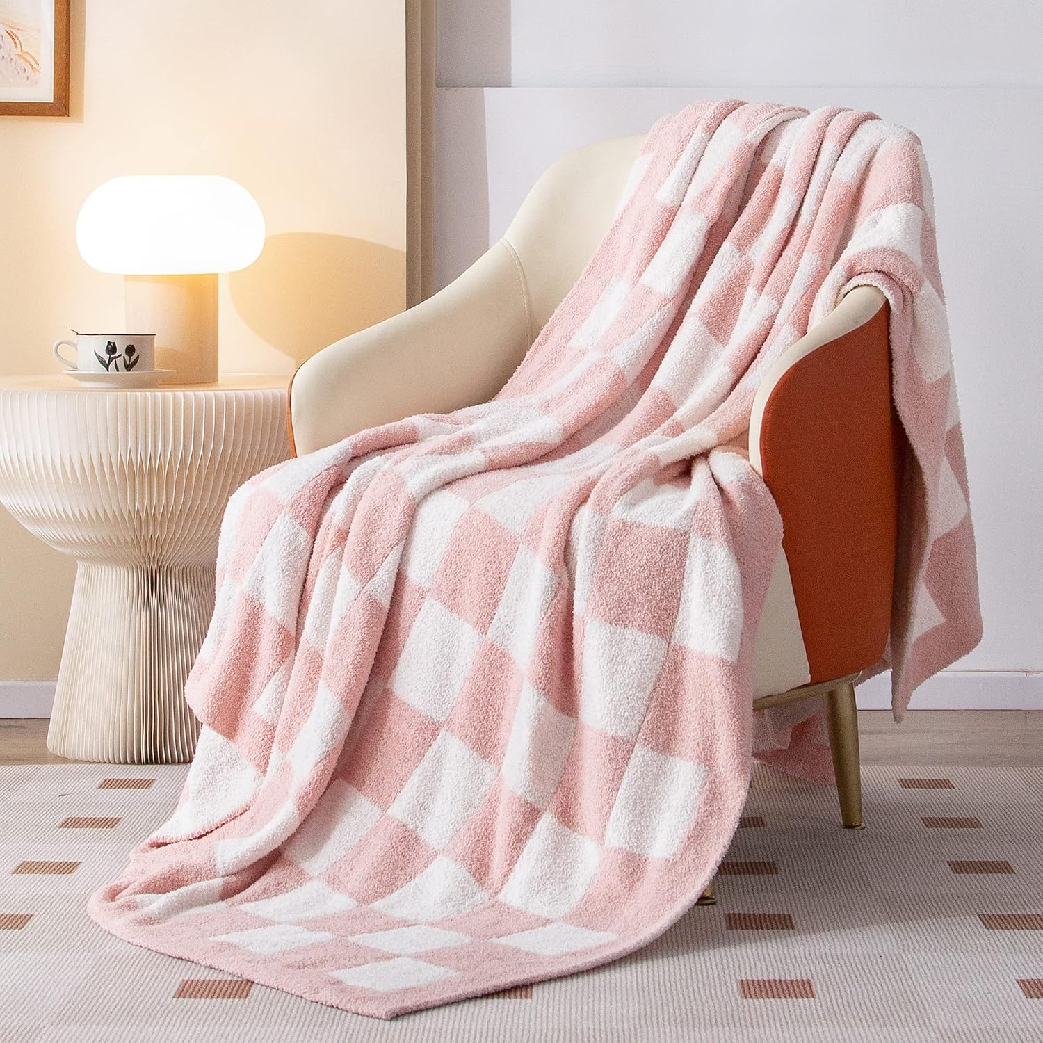 SeaRoomy Checkered Throw Blanket, Ultra Soft Microfiber Knit Throw Blanket, Cozy Fluffy Fuzzy Reversible Checkerboard Pink Blanket for Couch Sofa Bed Decor(Light Pink, 51″63″)