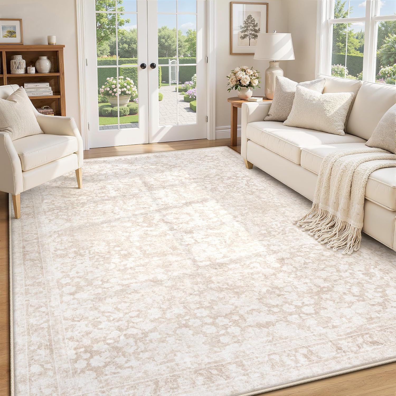 5×7 Area Rugs for Living Room: Boho Vintage Washable Rug Non-Slip Soft Stain Repellent Area Rugs Indoor Low-Pile Carpet for Bedroom Nursery Office Dining Room Playroom Farmhouse (Beige, 5’x7′)
