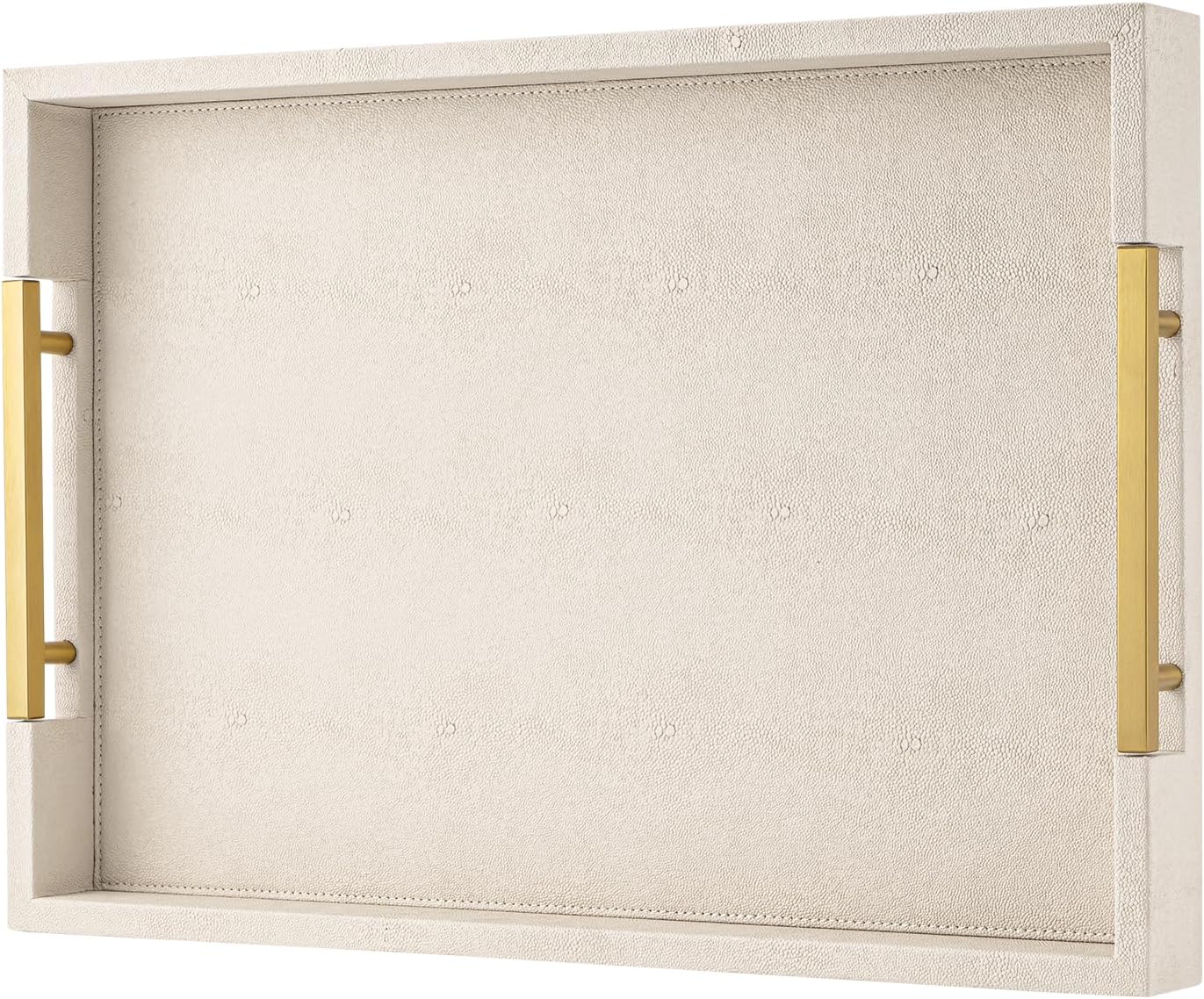 Beige Faux Leather Serving Tray with Handles – Large Decorative Tray for Coffee Table, Ottoman, Living Room, Bathroom – Home Decor