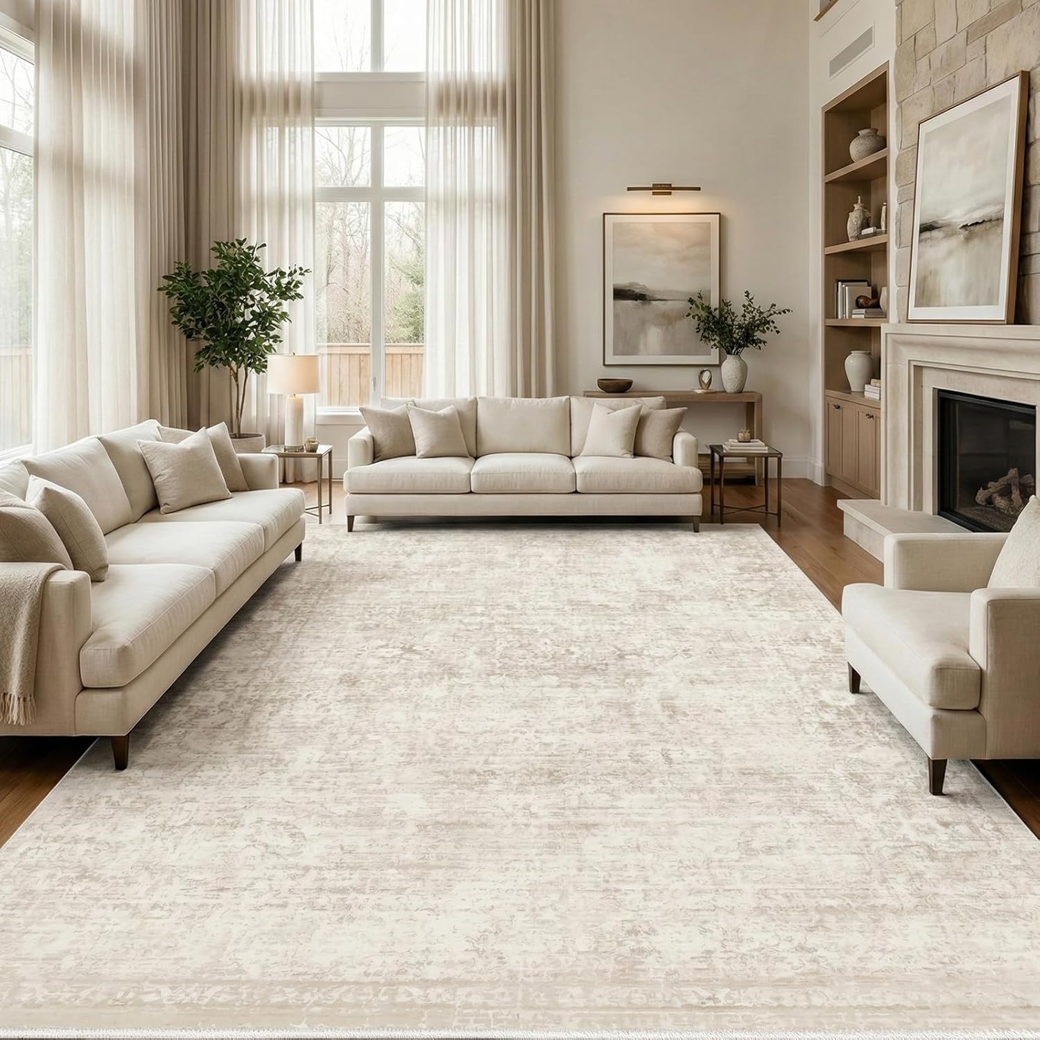 Homemate Washable Rug 9×12 Area Rugs – Vintage Rugs for Living Room | Faux Wool Low Pile Rugs for Bedroom Dining Room, Non Slip Foldable Carpet Indoor Area Rug for Home Decor（9’x12′, Beige)