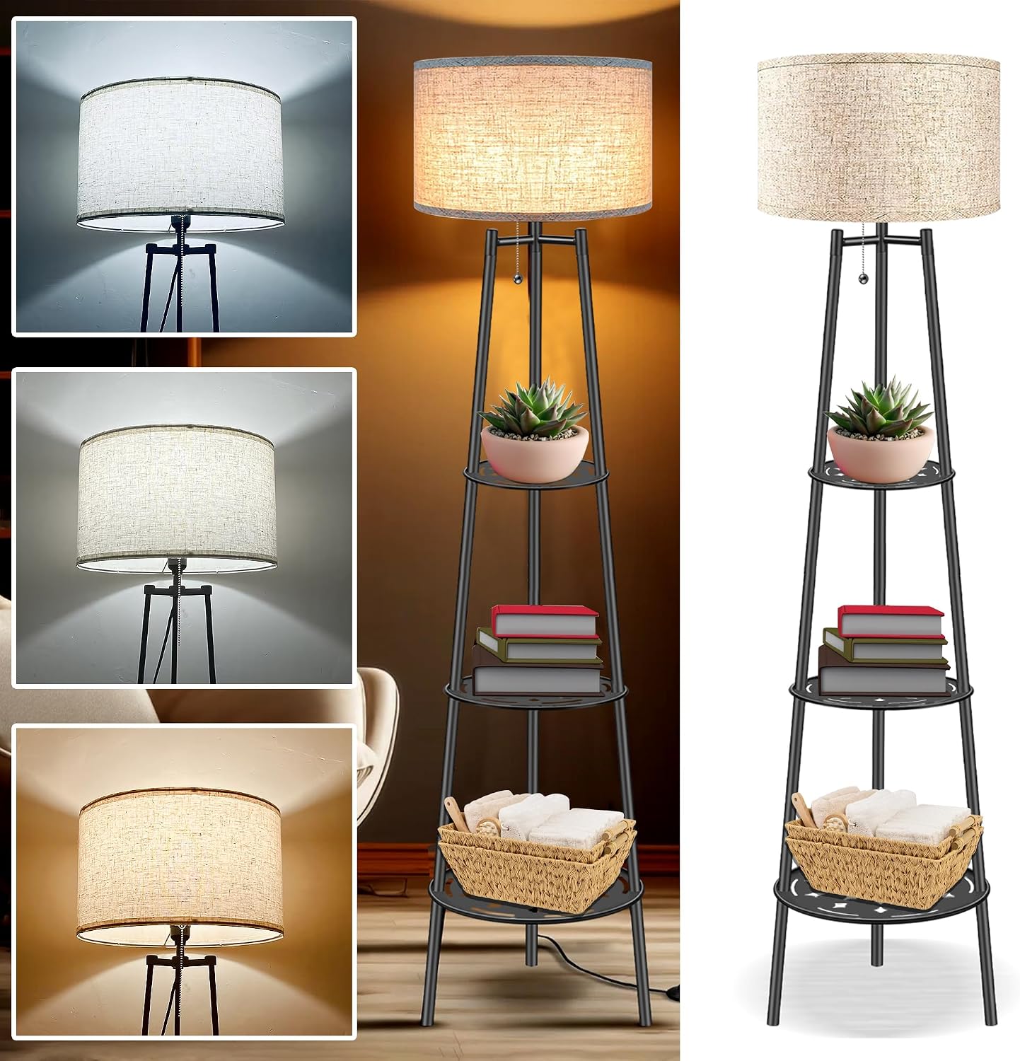 Floor Lamp with Shelves, Beige Shade Standing Lamp | Equipped with 3 Color Temperature LED Bulbs, Corner Lamp for Living Room, Bedroom, Office Modern Elegant Home Lighting Decor