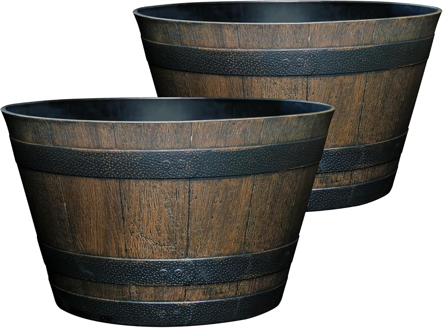 Outdoor Whiskey Resin Flower Pot Barrel Planter, Walnut Brown, 20.5″ (2 Pack)