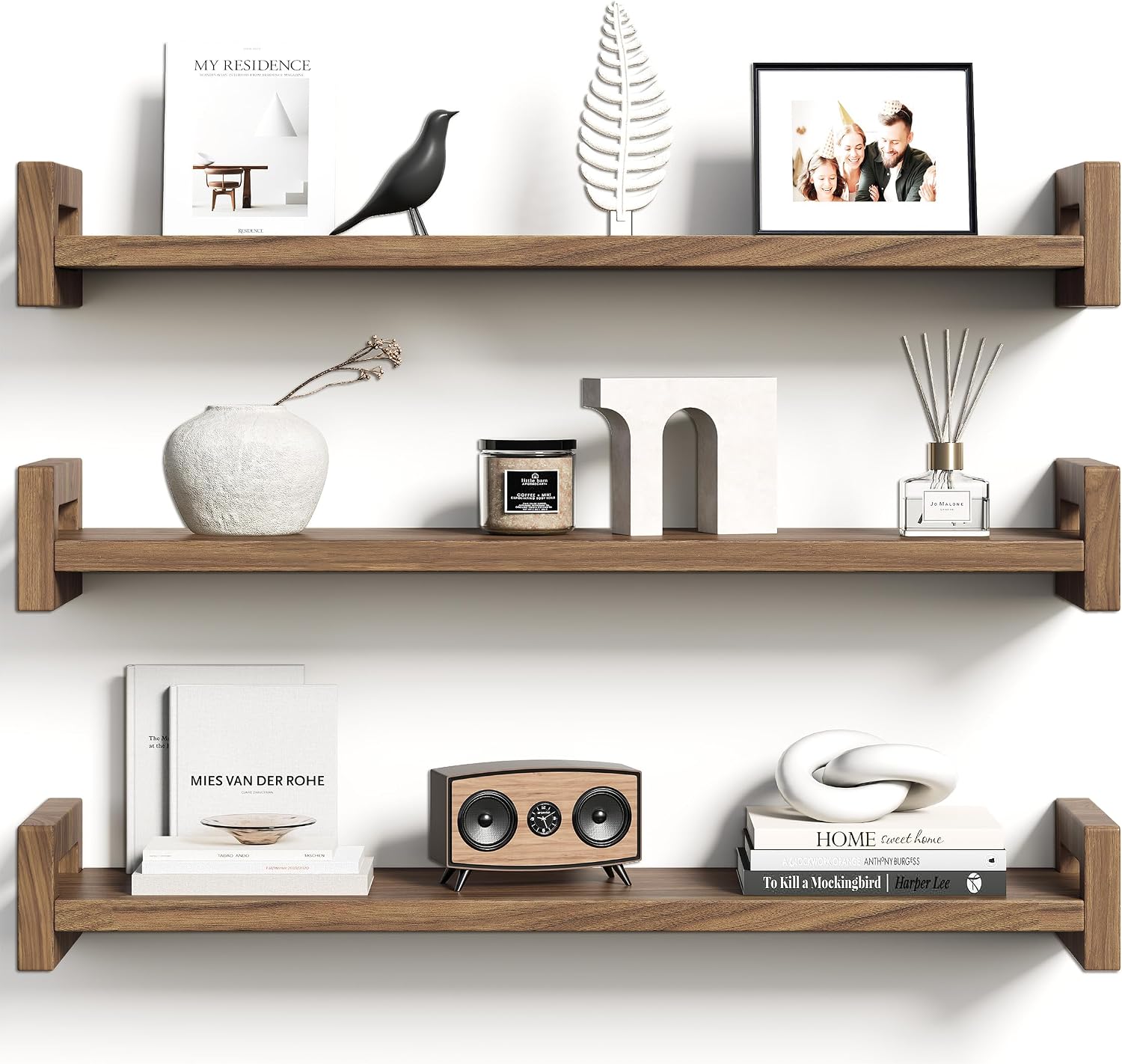 Upgraded Floating Shelves for Wall, Set of 3 Solid Wood Wall Mounted Shelves, 23.6″ Rustic Walnut Display Shelf for Bedroom, Living Room, Bathroom, and Kitchen Decor – Heavy-Duty & Natural Pine