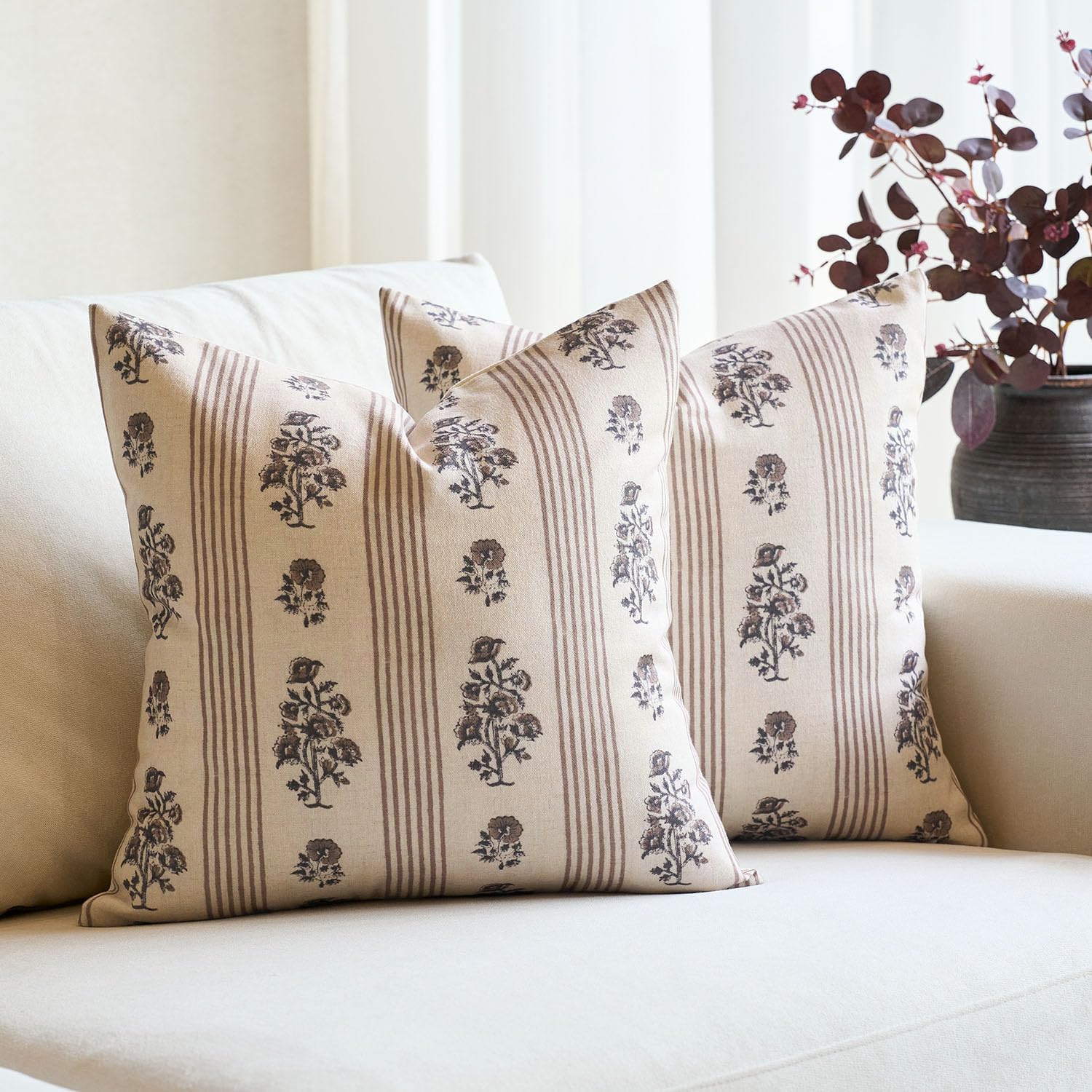 Amor Virisso Farmhouse Floral Throw Pillow Covers 18×18 Set of 2 Block Print Pillow Covers Neutral Boho Floral Striped Decorative Pillow Covers for Sofa Couch Bed, Brown