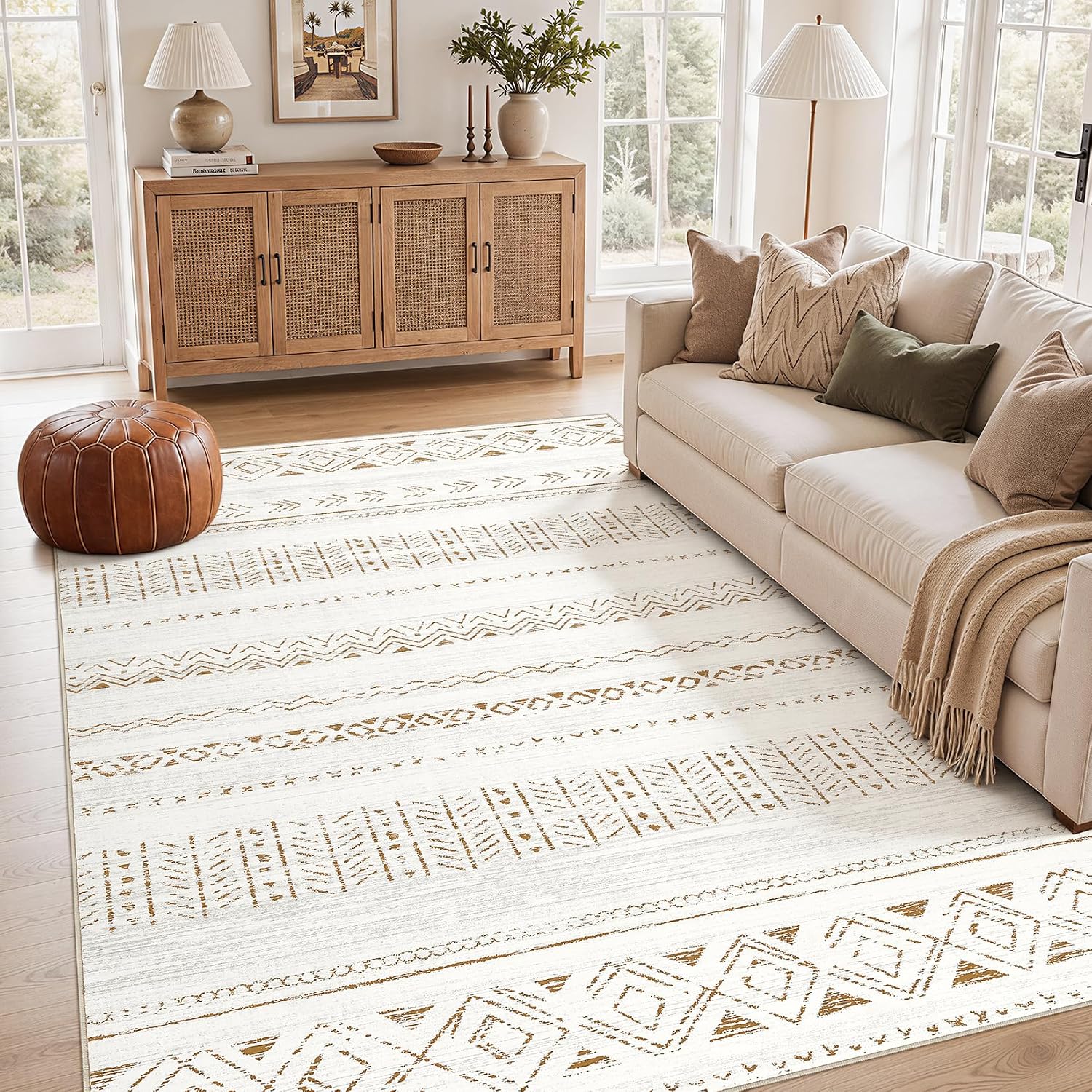 cotiled 6×9 Area Rugs Living Room Rug: Washable Boho Rugs with Non Slip Backing Large Soft Indoor Stain Resistant Carpet for Bedroom Farmhouse Dining Room Lightweight Home Decor L Brown/Cream