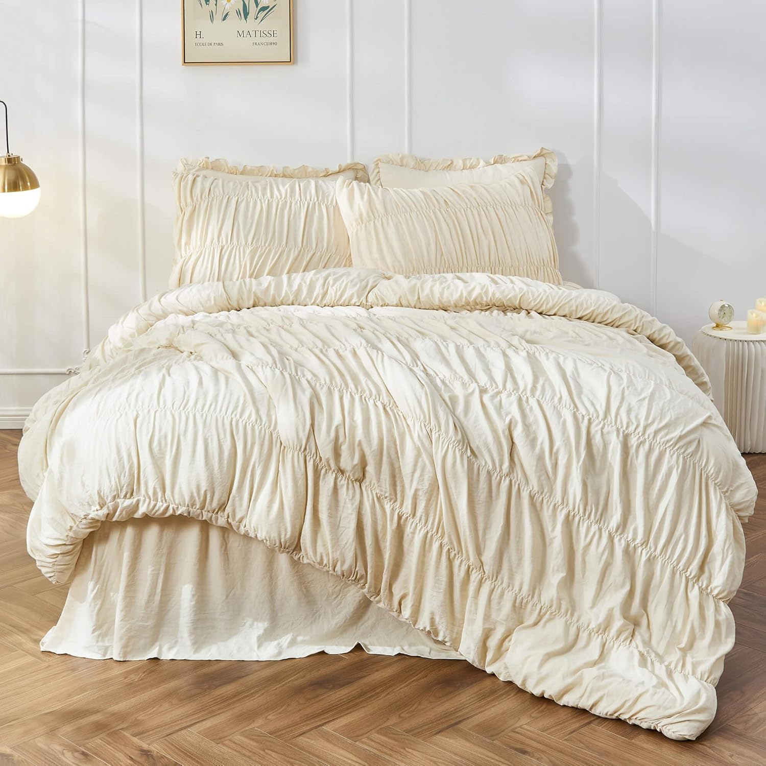 Bonlino Queen Comforter Set – Ruched Comforter Queen Size Bed Set Boho Shabby Chic Bedding for Bedroom Comforter Fluffy 3 Piece Ruffle Comforter Set with Pillow White Bedding Soft