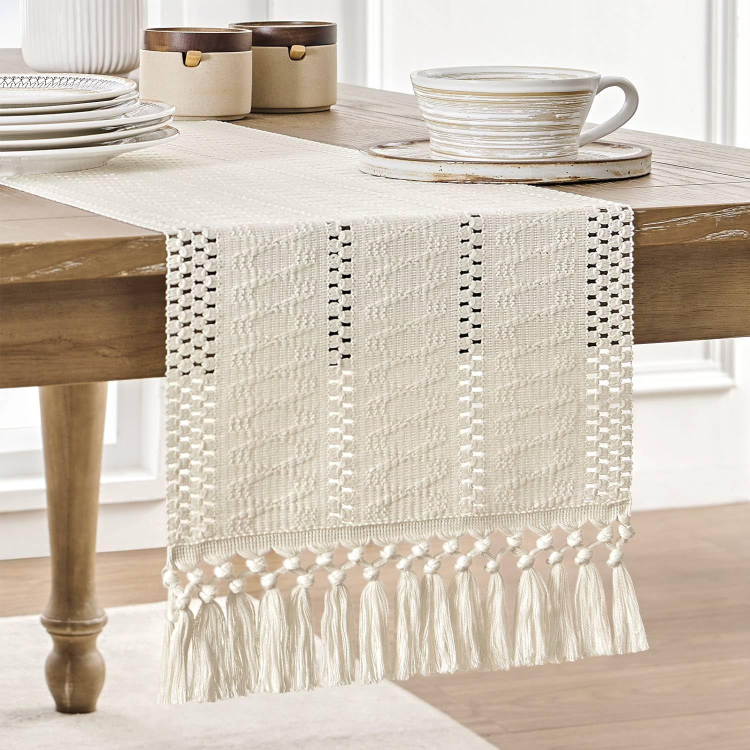 ZeeMart Macrame Style Boho Table Runner, 12×72 Inch Ivory | Woven Boho Table Runner with Handmade Tassels, Crochet Hollow Table Scarf, Farmhouse Kitchen Home Decor Dresser Runner