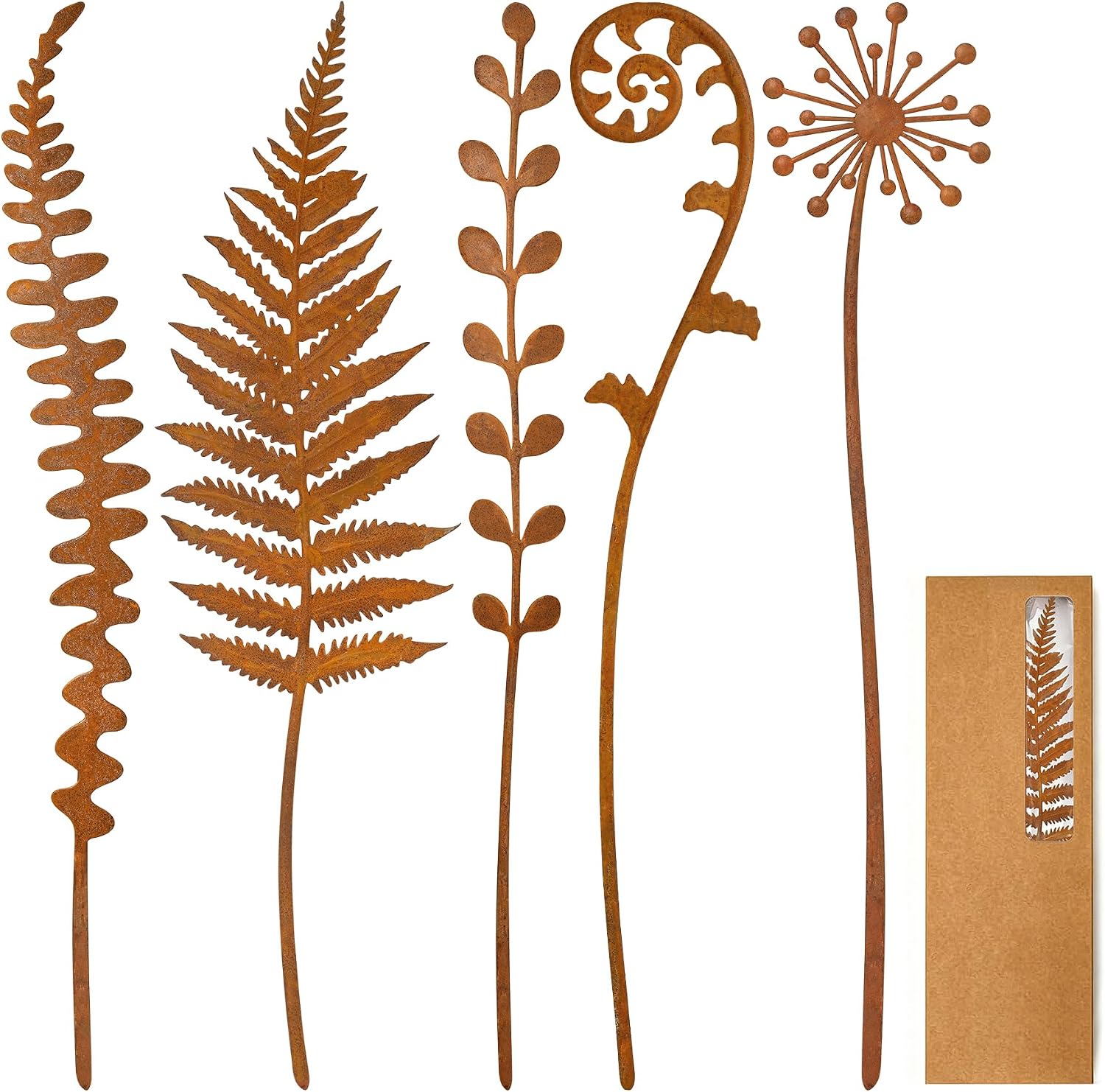 VIS’V Decorative Garden Stakes, Metal Fern Plant Yard Art Stakes, 5 Pcs | 15.7 In Length, Pre-rusted Finish, Rusty Art Decor for Outdoor Indoor
