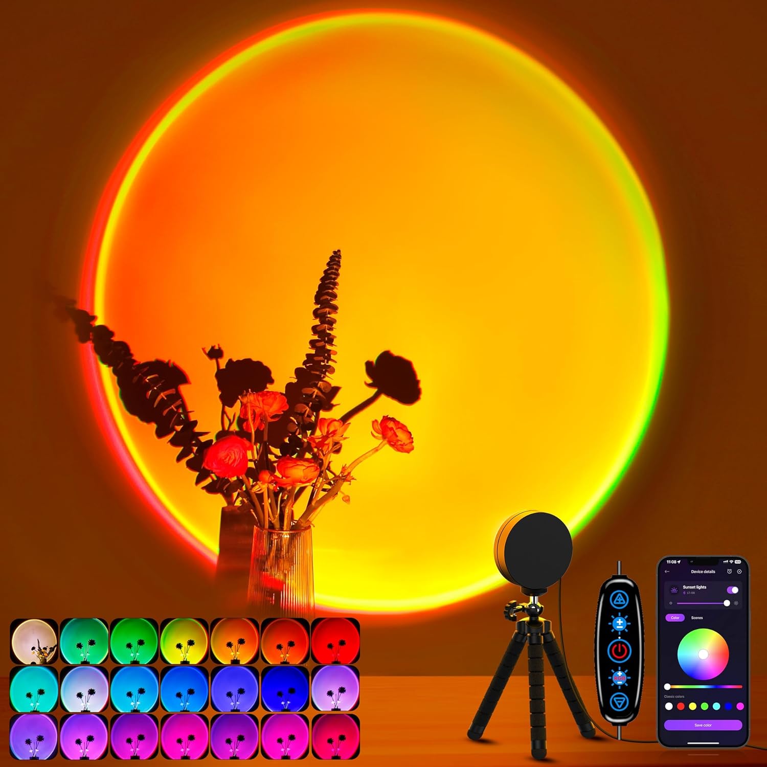 XEBKOR Sunset Lamp Projector Multicolor Changing LED Projection Lamps | 360 Degree Rotation,Switch Button and APP Control Sunlight Lamps for Bedroom,Photography,Party,Tiktok Live,Room Decor