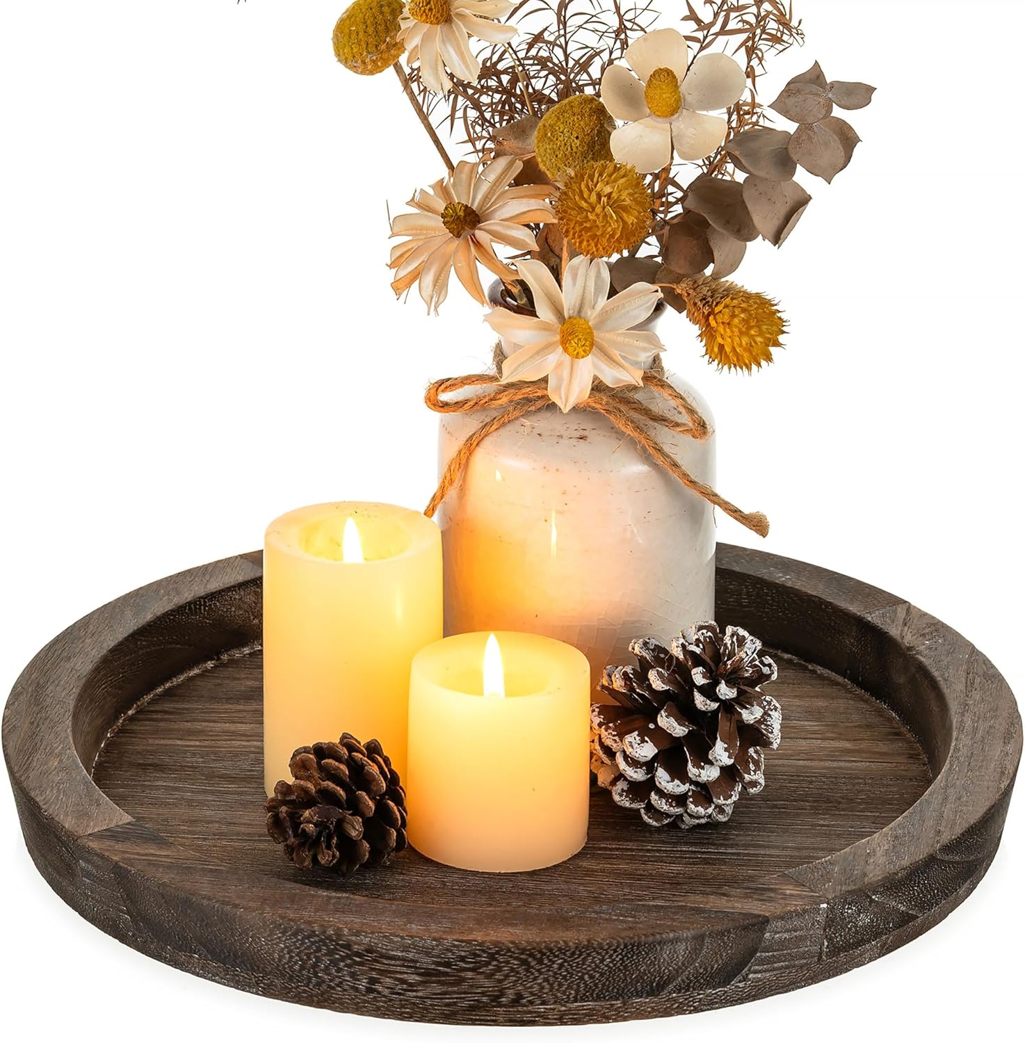 Hanobe Wooden Tray for Coffee Table, Decorative Round Candle Holder Plate | 11.2″ Vintage Dining Table Centerpiece Rustic Farmhouse Home Decor Serving Tray，Brown