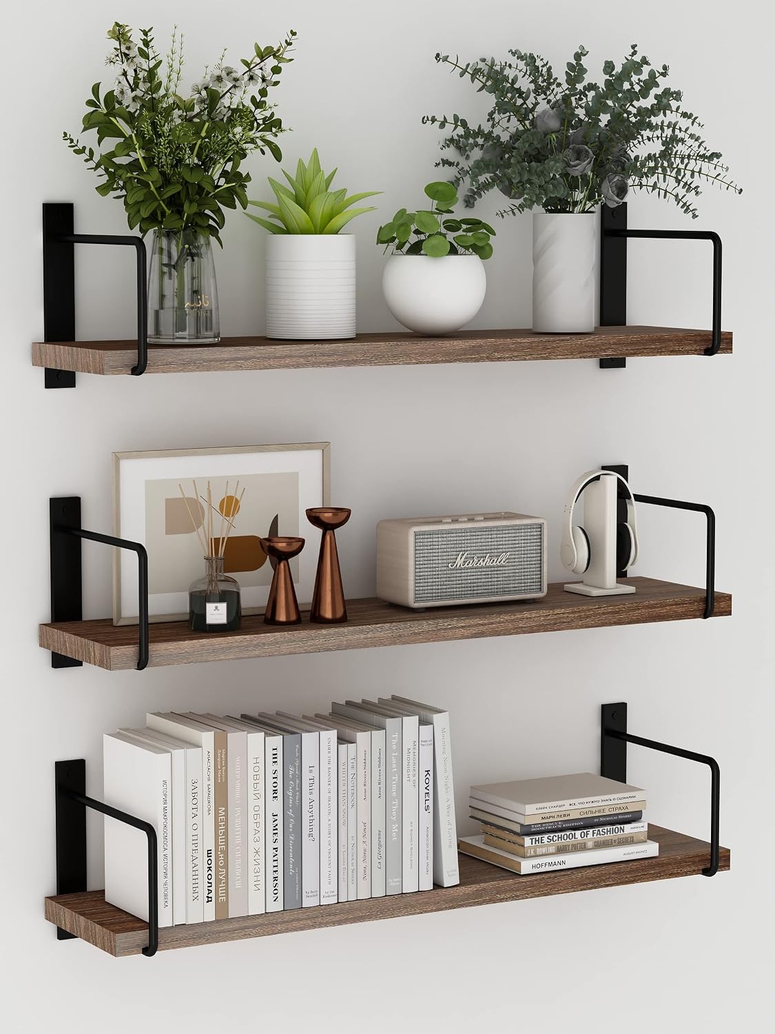 Floating Shelves, 24 Inches Easy to Install Wall Mounted Shelves, Set of 3, Rustic Wood Shelves for Wall Decor, Storage Shelves for Living Room (Brown)
