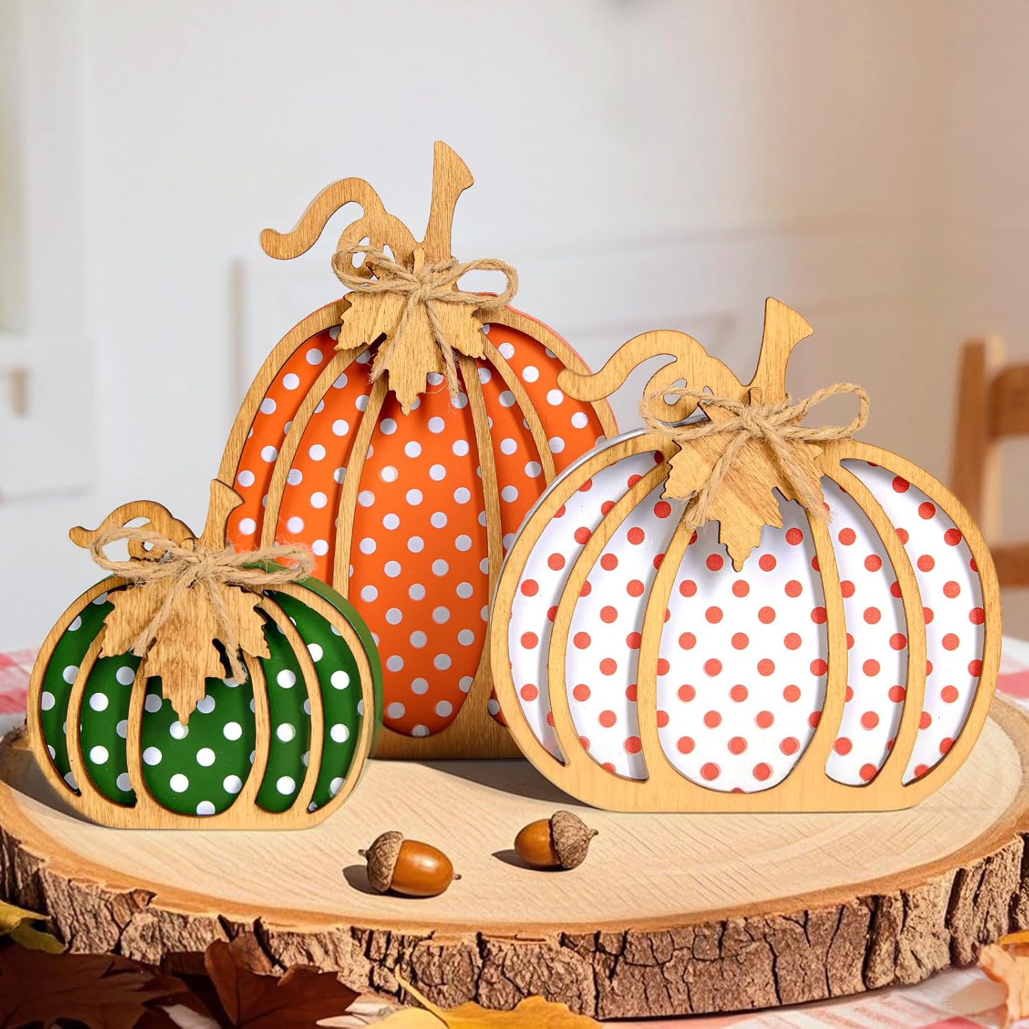 OLANRUN Fall Decorations for Home, 3-Piece Wooden Pumpkin Fall Decor, Rustic Farmhouse Indoor Autumn Thanksgiving Decorations for Table Centerpiece, Tiered Tray, Mantel, Shelf, Office (4-8 Inch)
