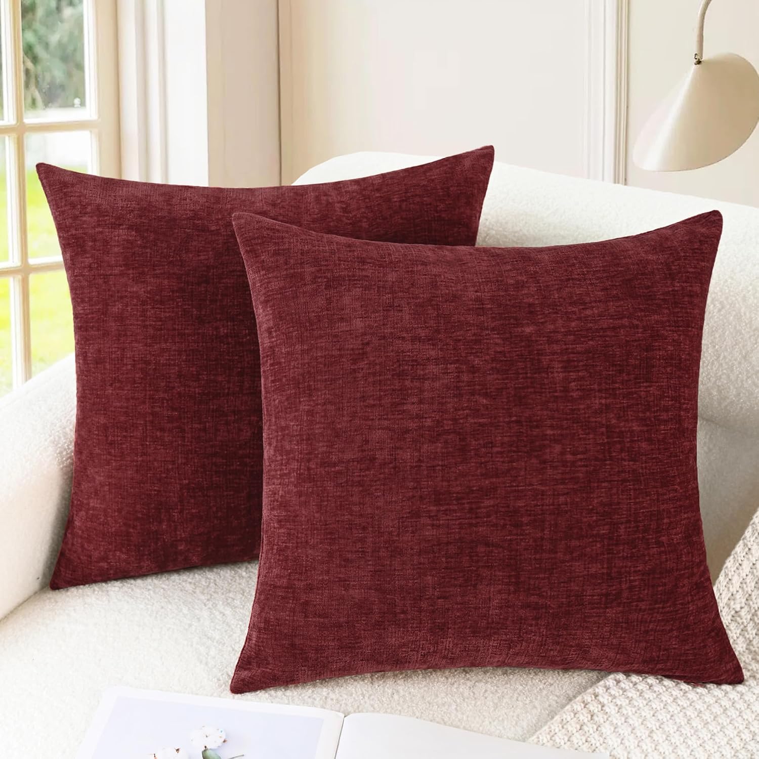 CaliTime Decorative Couch Throw Pillow Covers 18 X 18 Inches Burgundy | Pack of 2, Cozy Chenille Cushion Cases for Sofa Bed Living Room Farmhouse Home