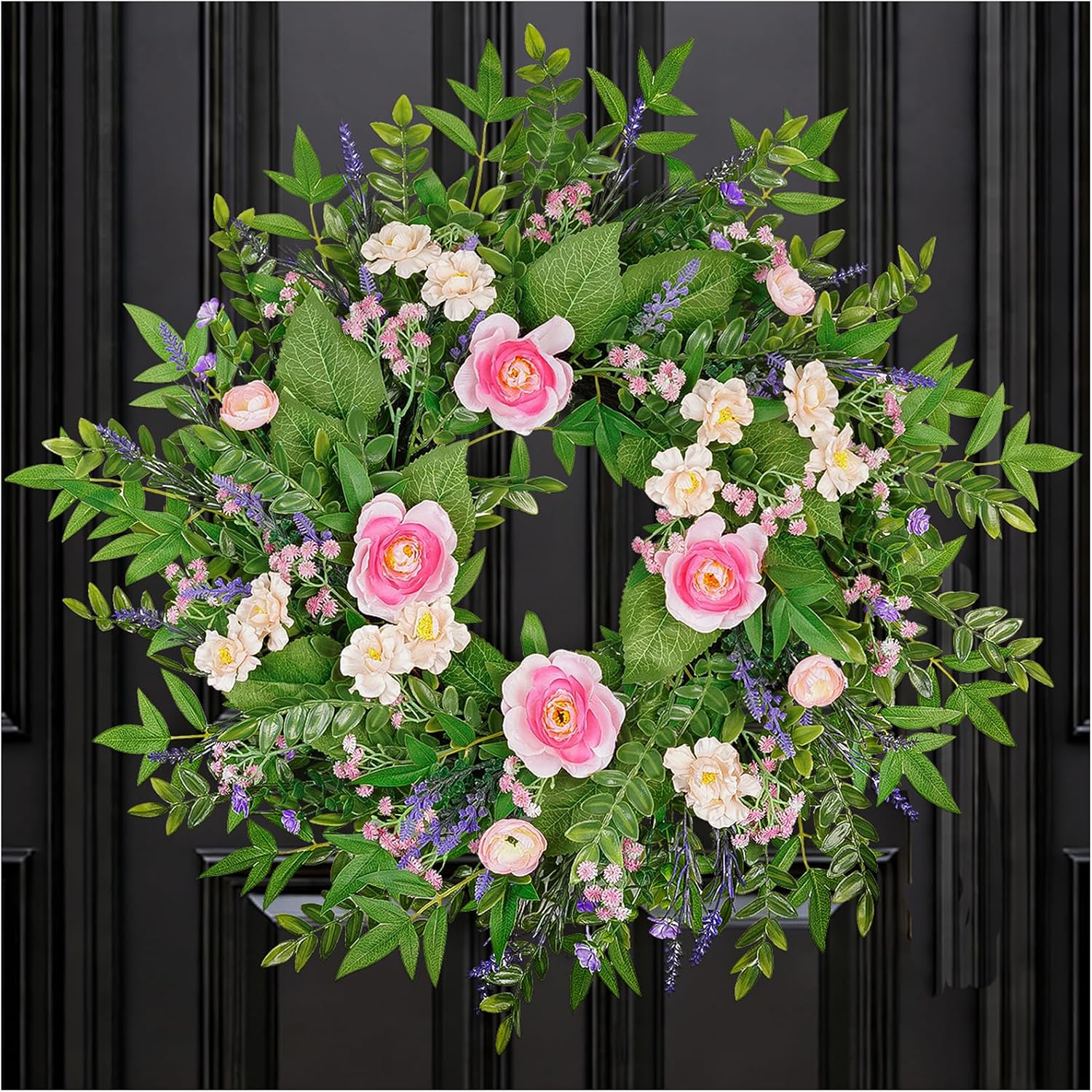 24 Inch Summer Flower Wreath for Front Door, Artificial Lavender Daisy Wreath with Eucalyptus Greenery, Summer Floral Wreath for Wall Porch Wedding Farmhouse Decor