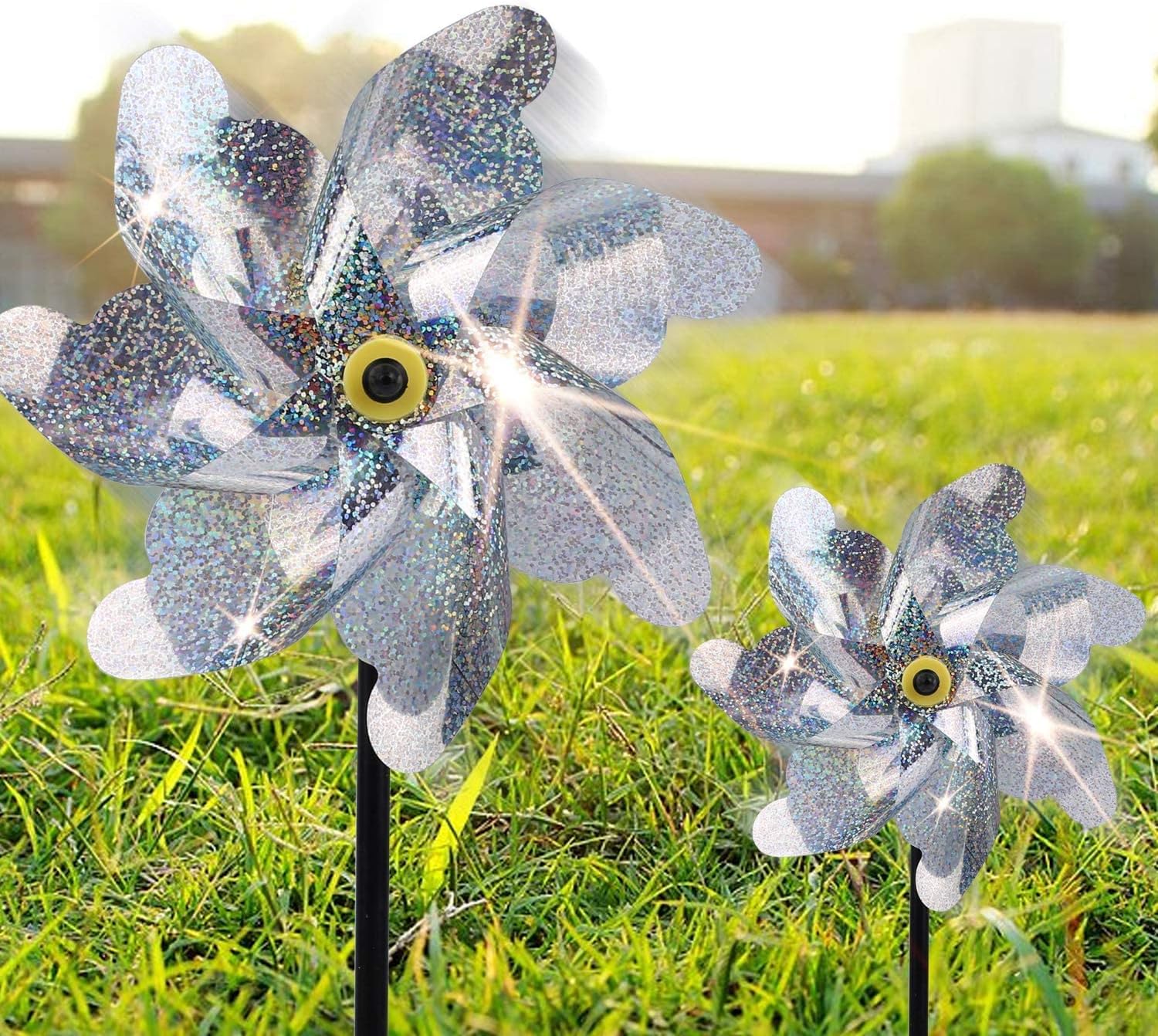 BATTIFE Preassembled Reflective Pinwheels for Yard & Garden, Silver, 10Pack | Sparkly Reflective Material Spinner, Spins Best in Steady Wind, Animal-Deterrent Results Vary by Placement and Conditions