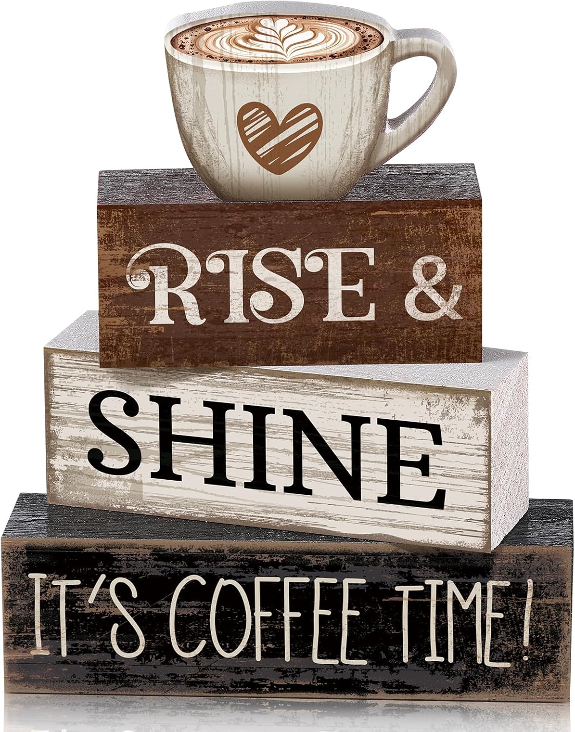 Moucuny 4 Pcs Farmhouse Coffee Bar Sign Decor Wooden Cup Rise & Shine It’s Coffee Time Rustic Wood Cafe Sign Gift for Home Kitchen Tabletop Decor