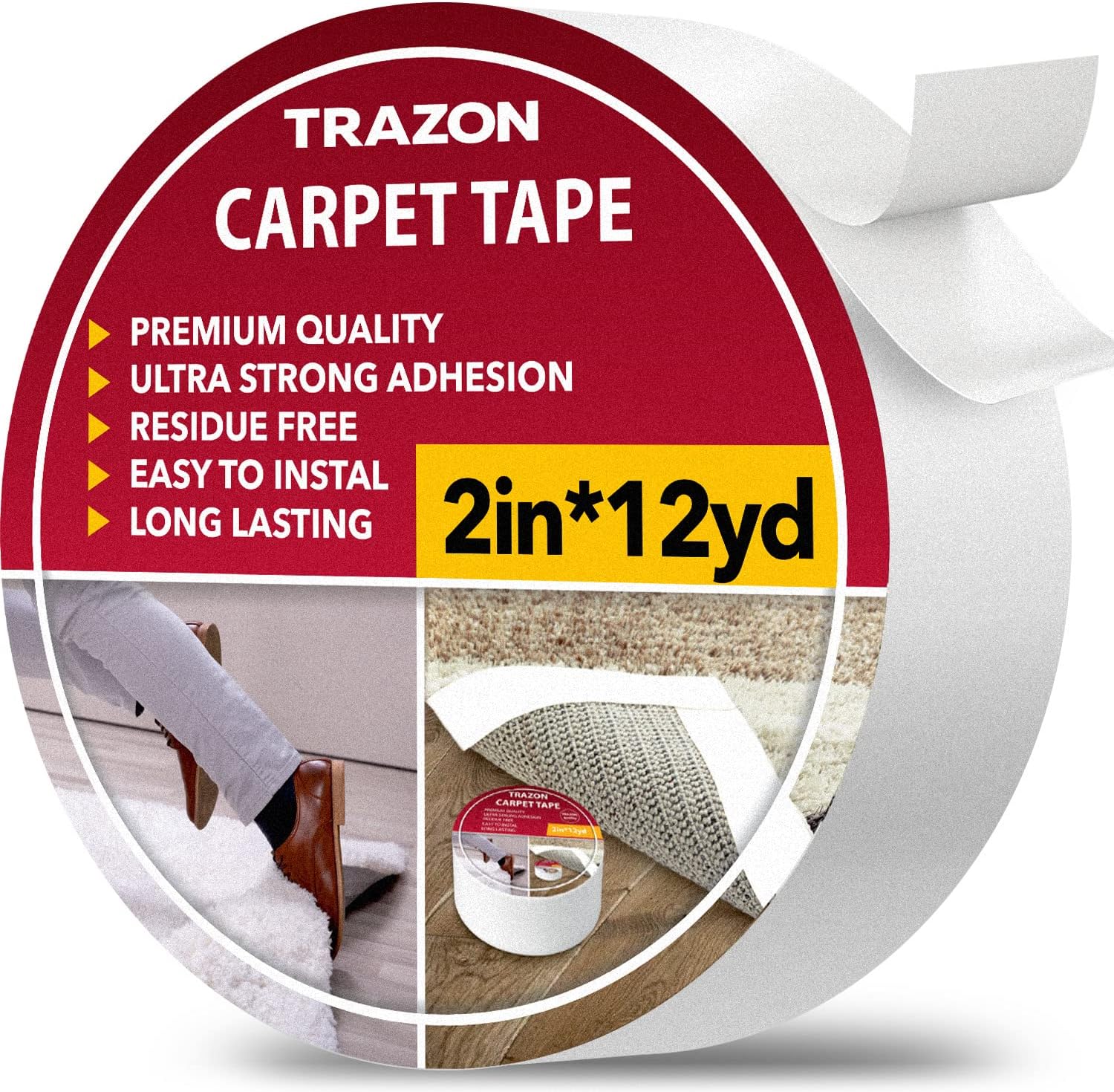 Carpet Tape Double Sided – Rug Tape Grippers for Hardwood Floors and Area Rugs – Carpet Binding Tape Strong Adhesive and Removable, Heavy Duty Stickers Grip Tape, Residue Free (2 Inch / 12 Yards)