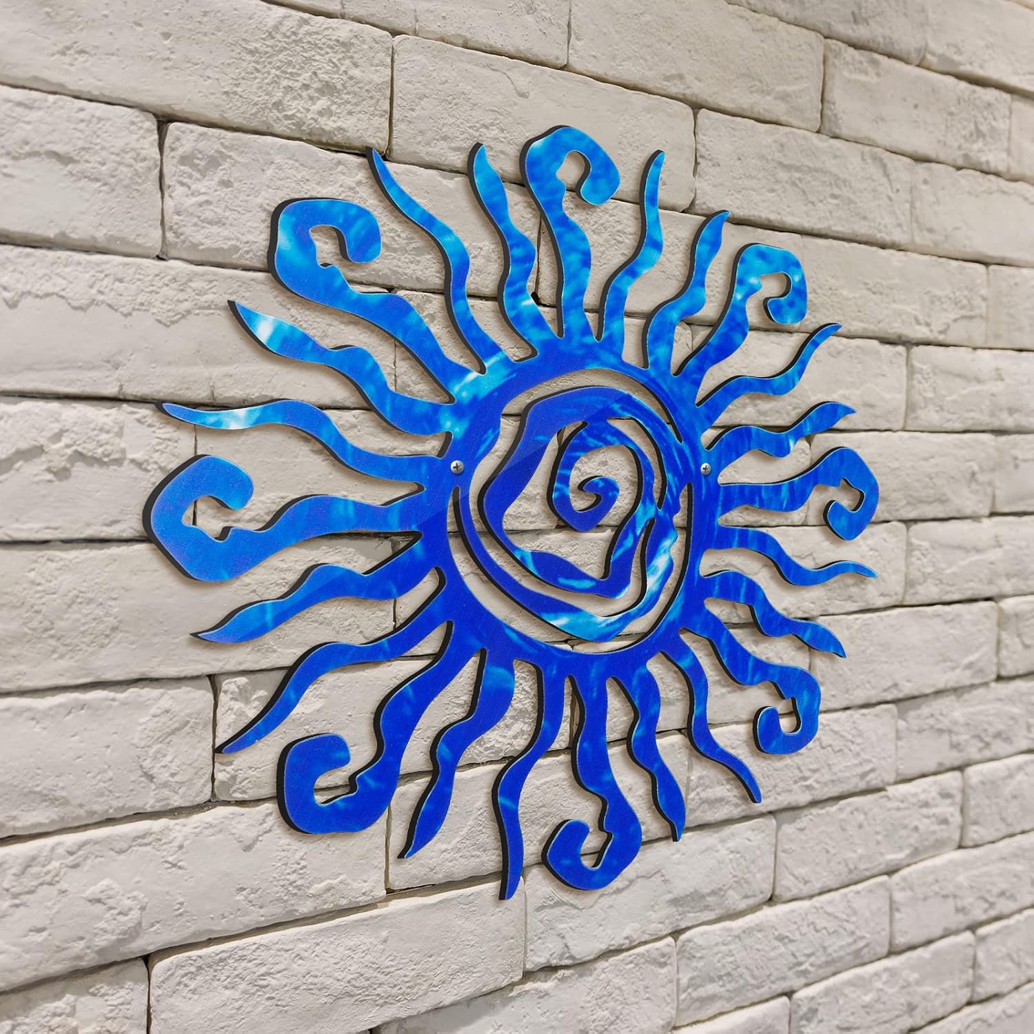 Moxweyeni 12 Inch Sun Metal Wall Art Outdoor Decor Wacky Large Sun Metal Art Wall Decor Pool Decorations for Home Bedroom Living Room Office Garden(Blue)