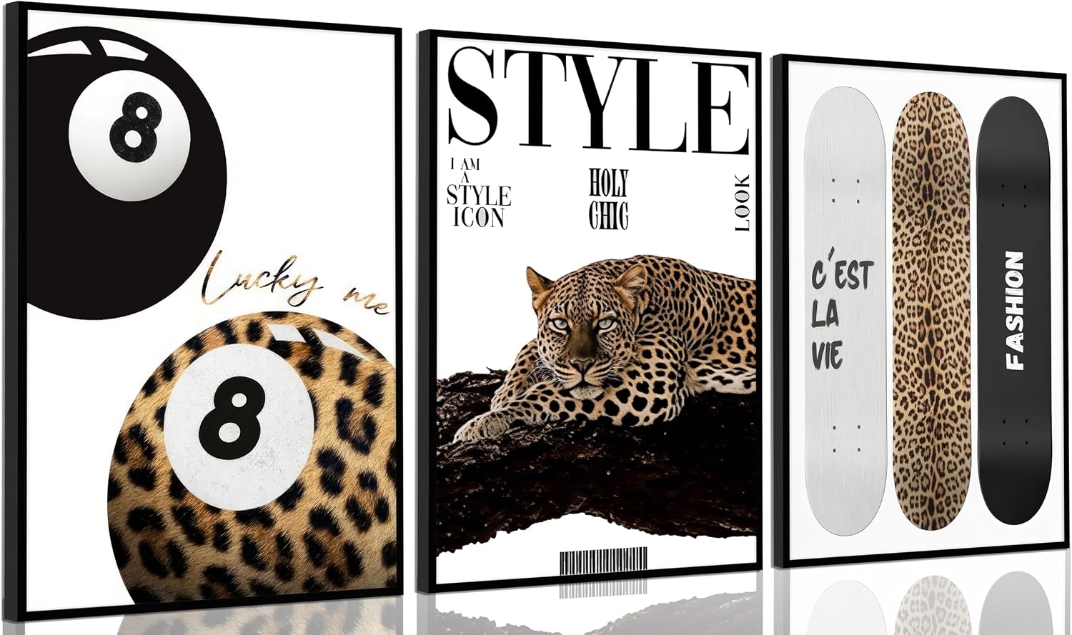 3Pcs Trendy Leopard Wall Art Preppy Aesthetic Stylish Leopard Painting Picture Wall Decor Funky Lucky 8 Ball Cheetah Poster Print Artwork for Bedroom Living Room Bathroom Home Decoration Unframed