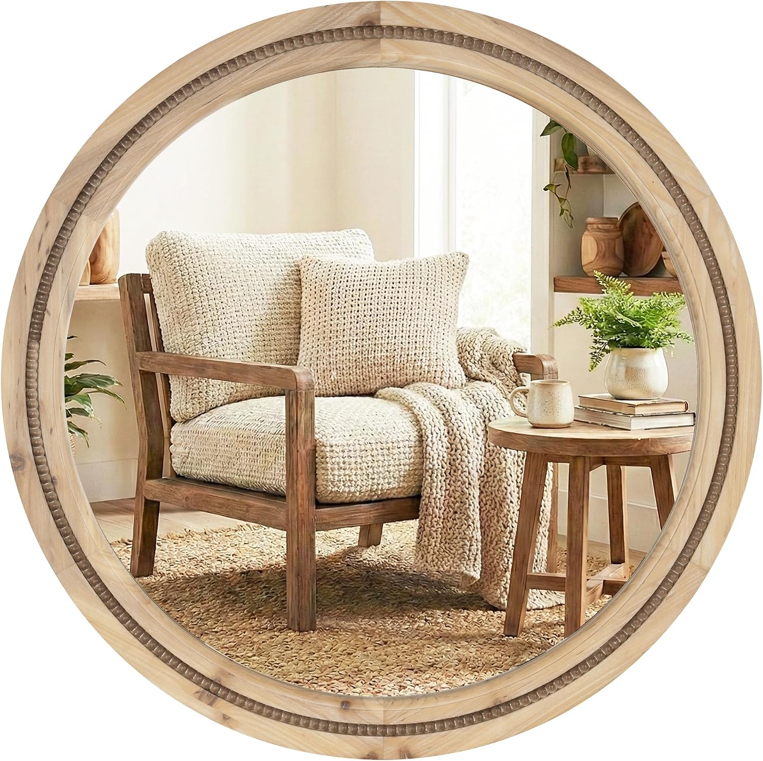 Solid Wood 30 Inch Round Beaded Vanity Wall Mirror, Natural Wood | Washed grain adds rustic farmhouse charm to over-sink areas, powder rooms, entry consoles, bedrooms and living spaces
