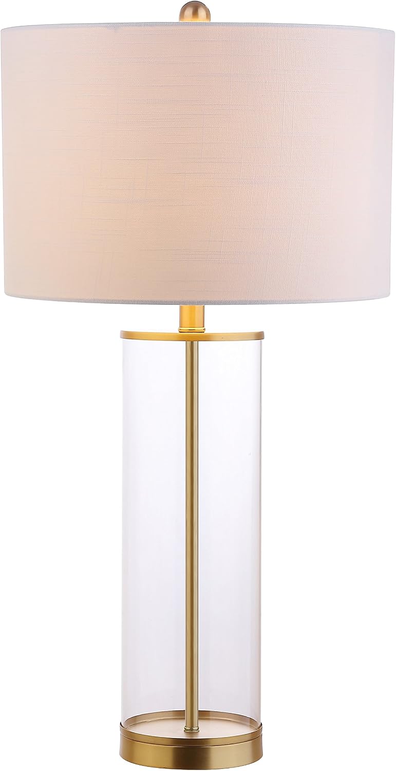 JONATHAN Y 29.25″ Clear/Brass Gold Modern Glass Table Lamp for Living Room Bedroom, Minimalist Nightstand Bedside Lamp, White Linen Drum Shade, LED Bulb Included (JYL2005A)