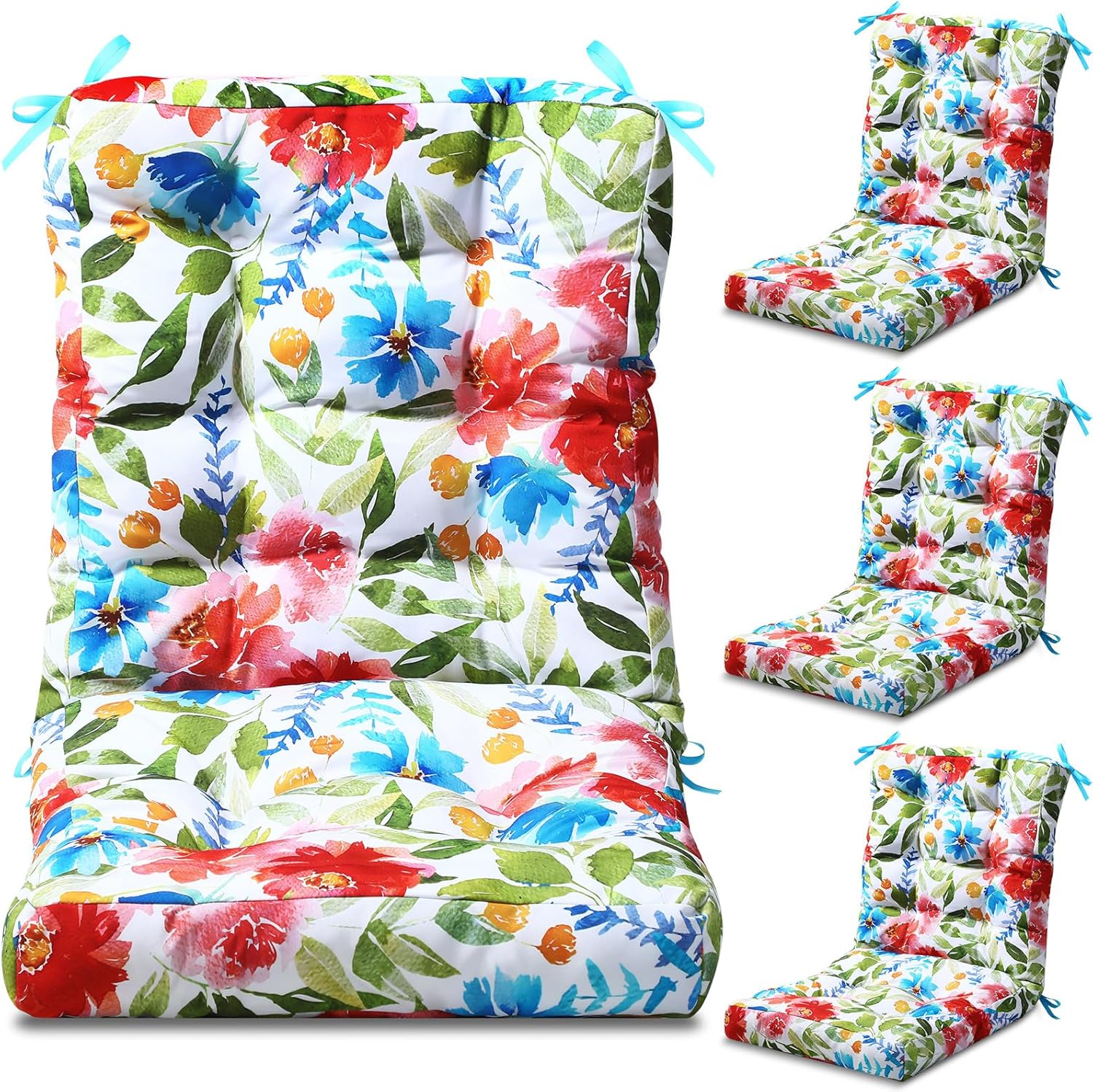 Hoteam 4 Set Outdoor Patio Chair Cushions 20 x 42 in Deep Seat Waterproof Patio Cushions Set for Furniture Replacement Removable Seat and Back (Flower)