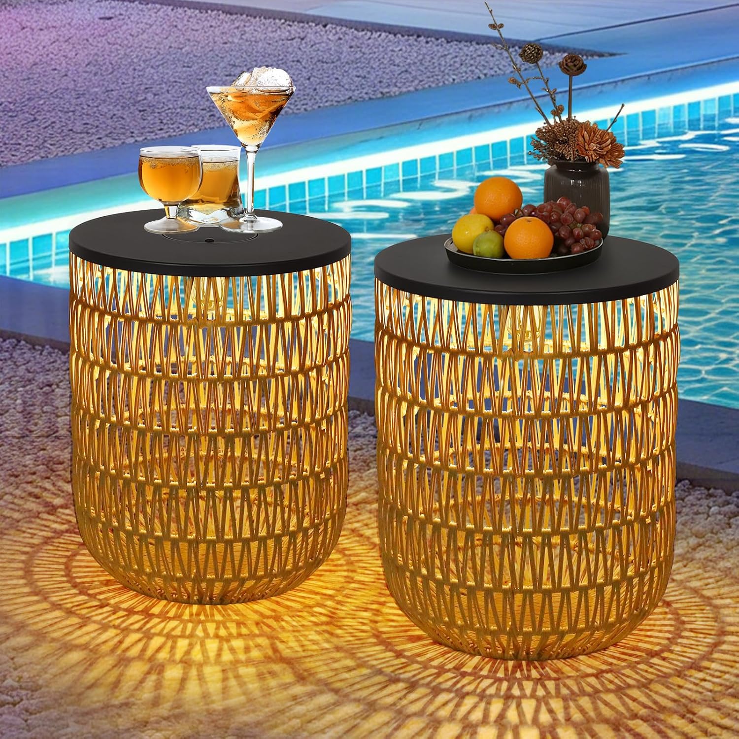 HMVPL Solar Outdoor Side Table Set of 2 with Dimmable Light, Round Patio Side Table for Outside, Outdoor End Accent Tables, Plastic Rattan Patio End Table for Poolside Backyard Gazebo, Dusk to Dawn