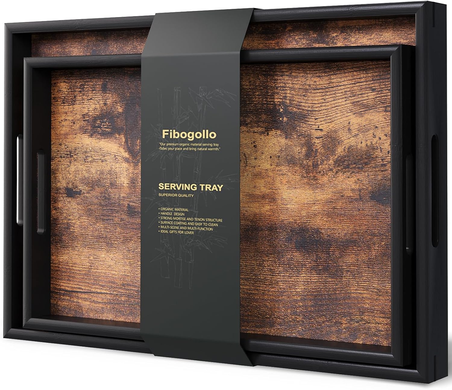 Fibogollo Set of 2 Wooden Serving Trays with Handles for Coffee Table | Decorative Trays Platter,Breakfast Tray in Bed,Large Coffee Table Tray，Food Drinks Trays for Eating,Working,Storing